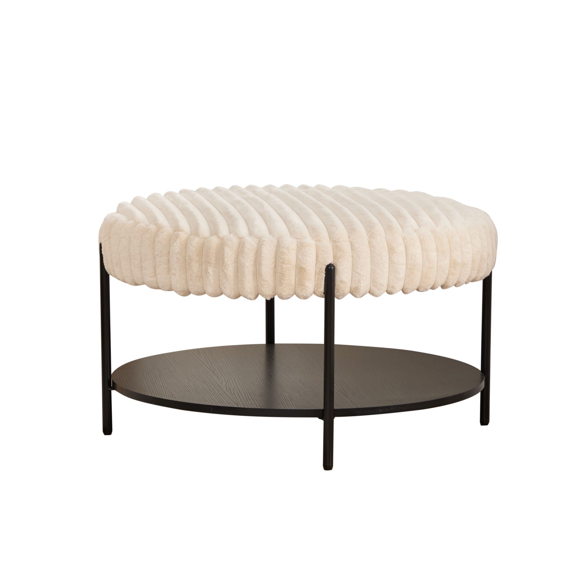 Modern Upholstered Round Ottoman Coffee Table With Storage Shelf