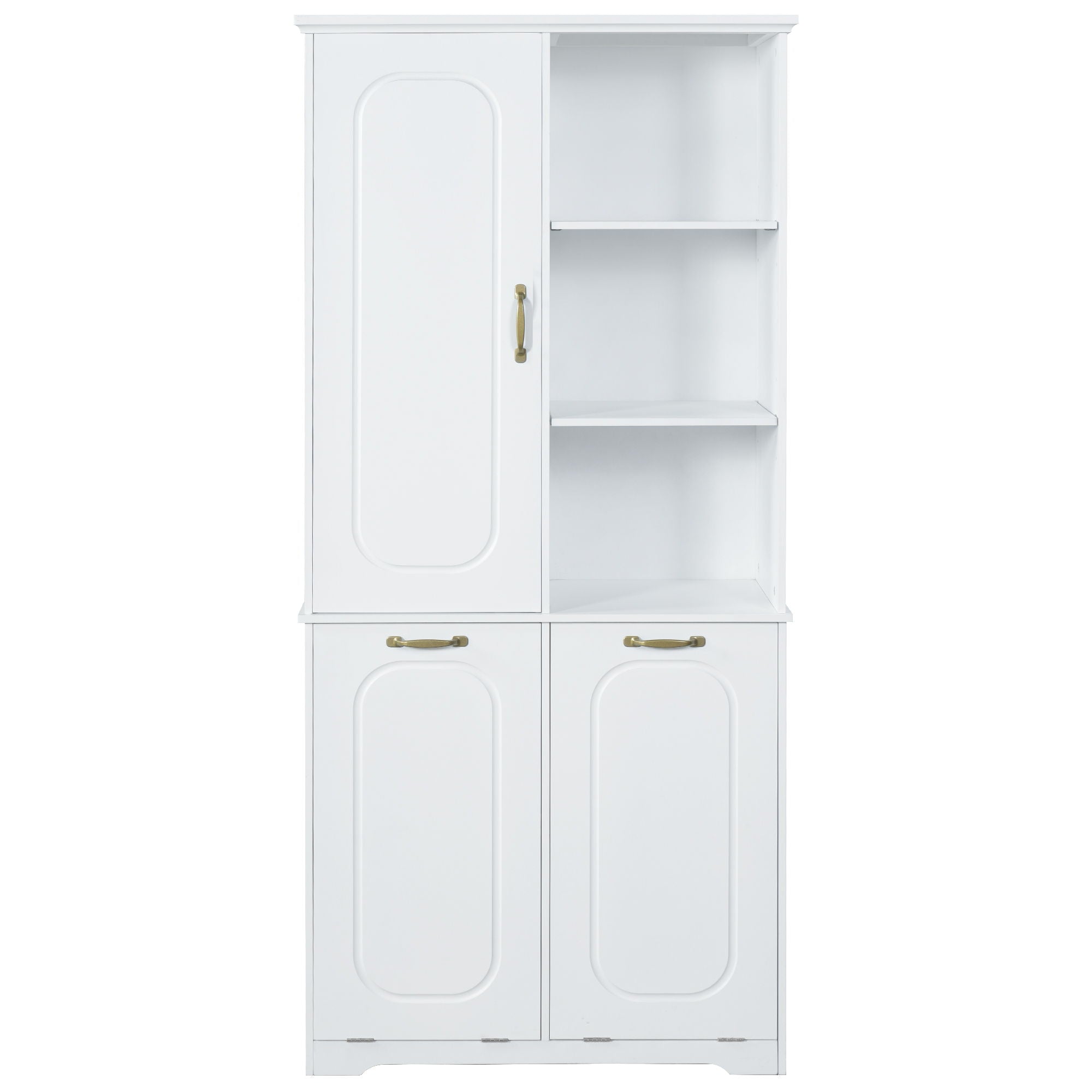 Freestanding Tall Storage Cabinet With 2 Tilt Out Hampers, Adjustable Shelves, Soft Close Door, Door Mounted Organizer - White