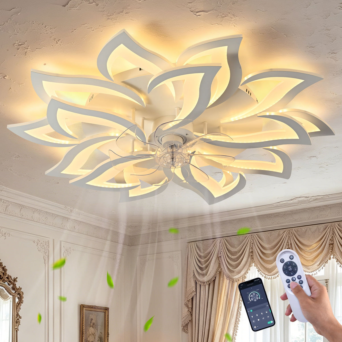 15 Leaves Ceiling Fan With Remote Controlled LED Light, Low Profile With 6 Speeds And Timer For Living Room - White