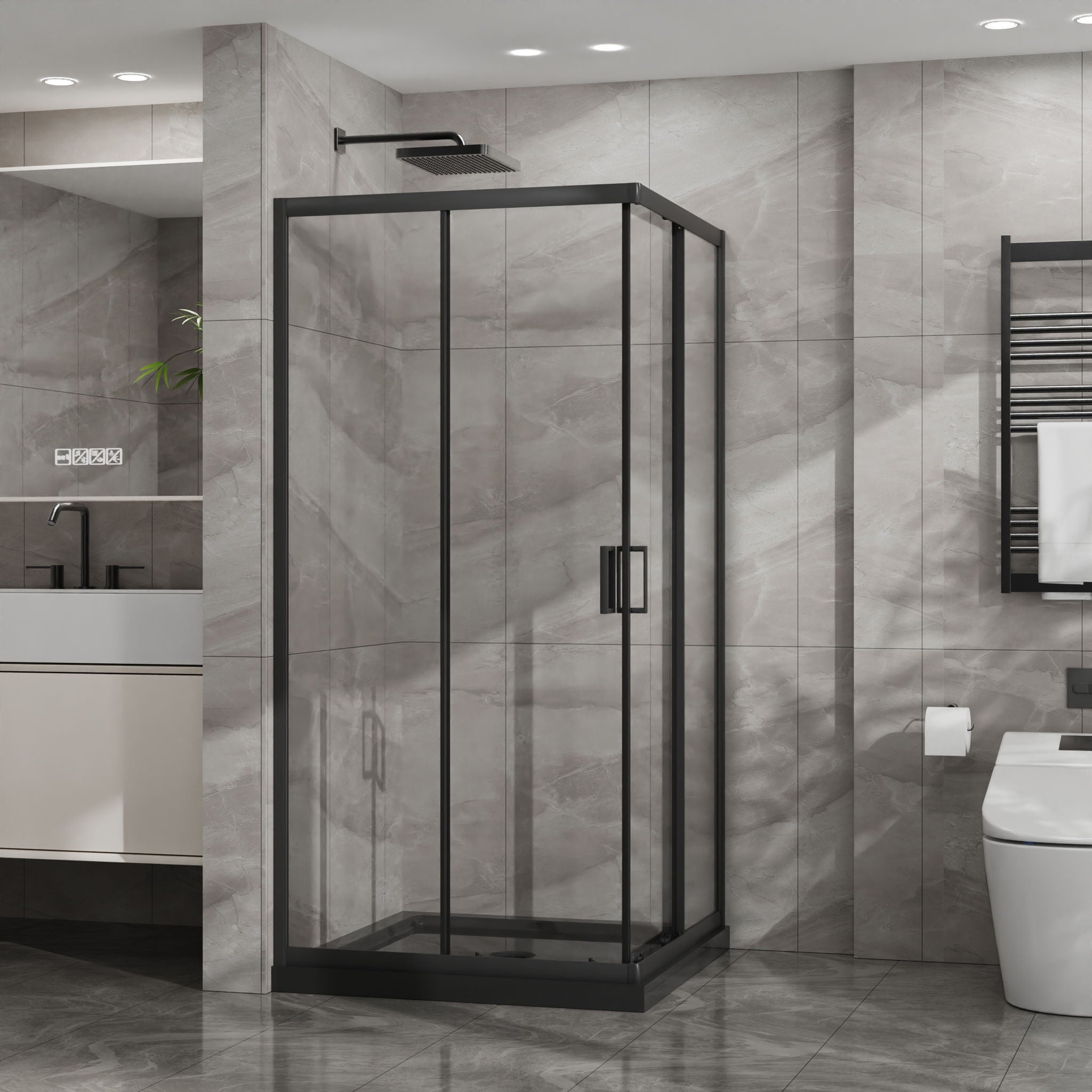 Corner Shower Enclosure, Double Sliding Door With Shower Base - Matte Black