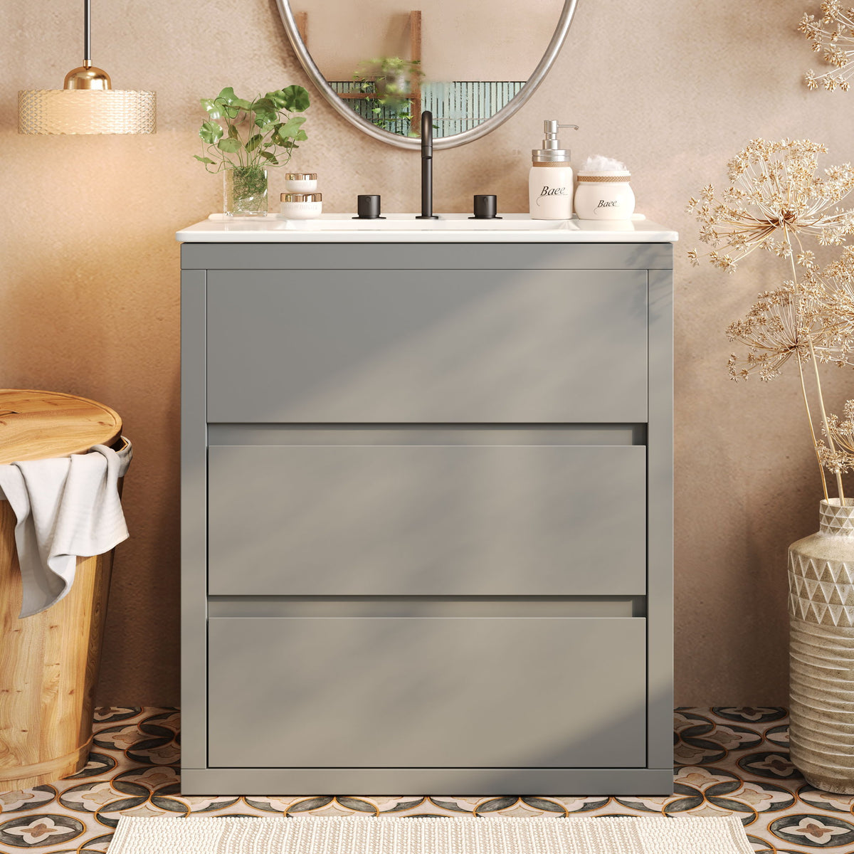 Freestanding Bathroom Vanity With Ceramic Sink, 2 Full Extension Drawers