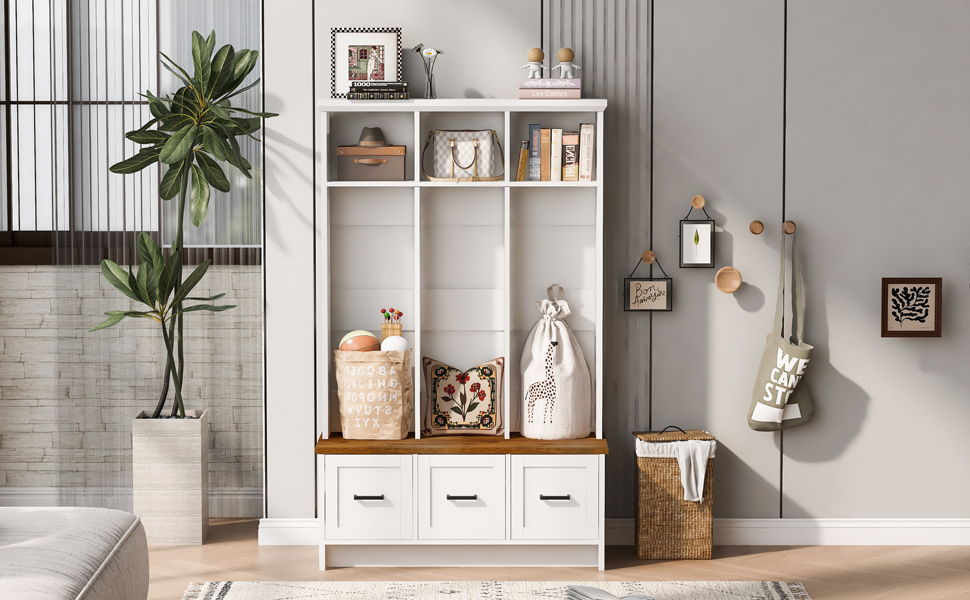 Modern Hall Tree With 3 Shelves And Drawers, Storage Bench