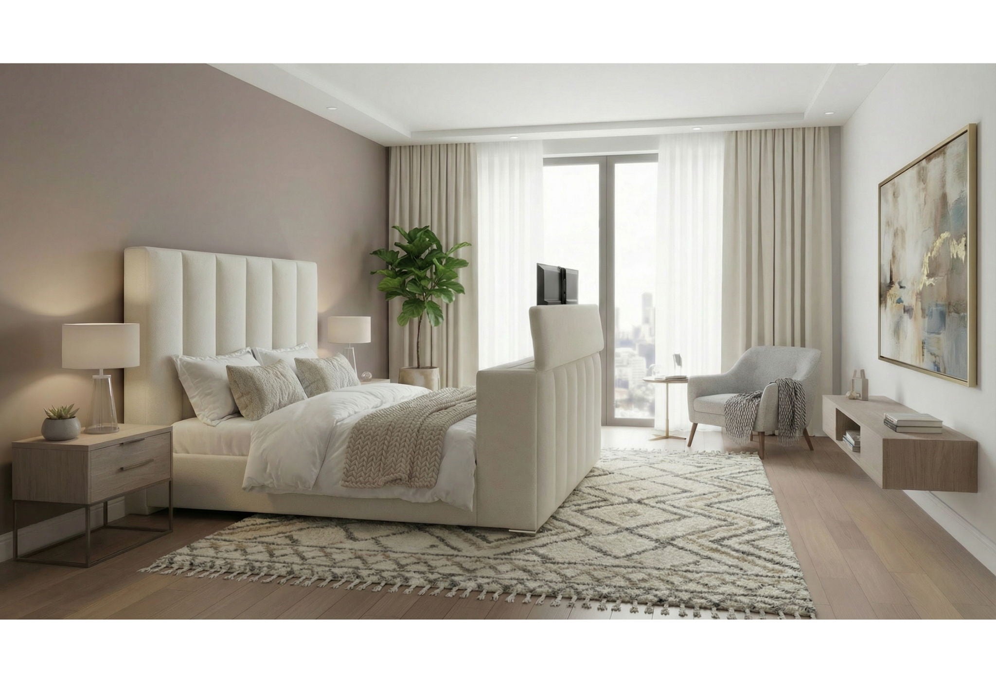 Serenity - King Bed Footboard With TV Lift And Fireplace - Cream / Beige