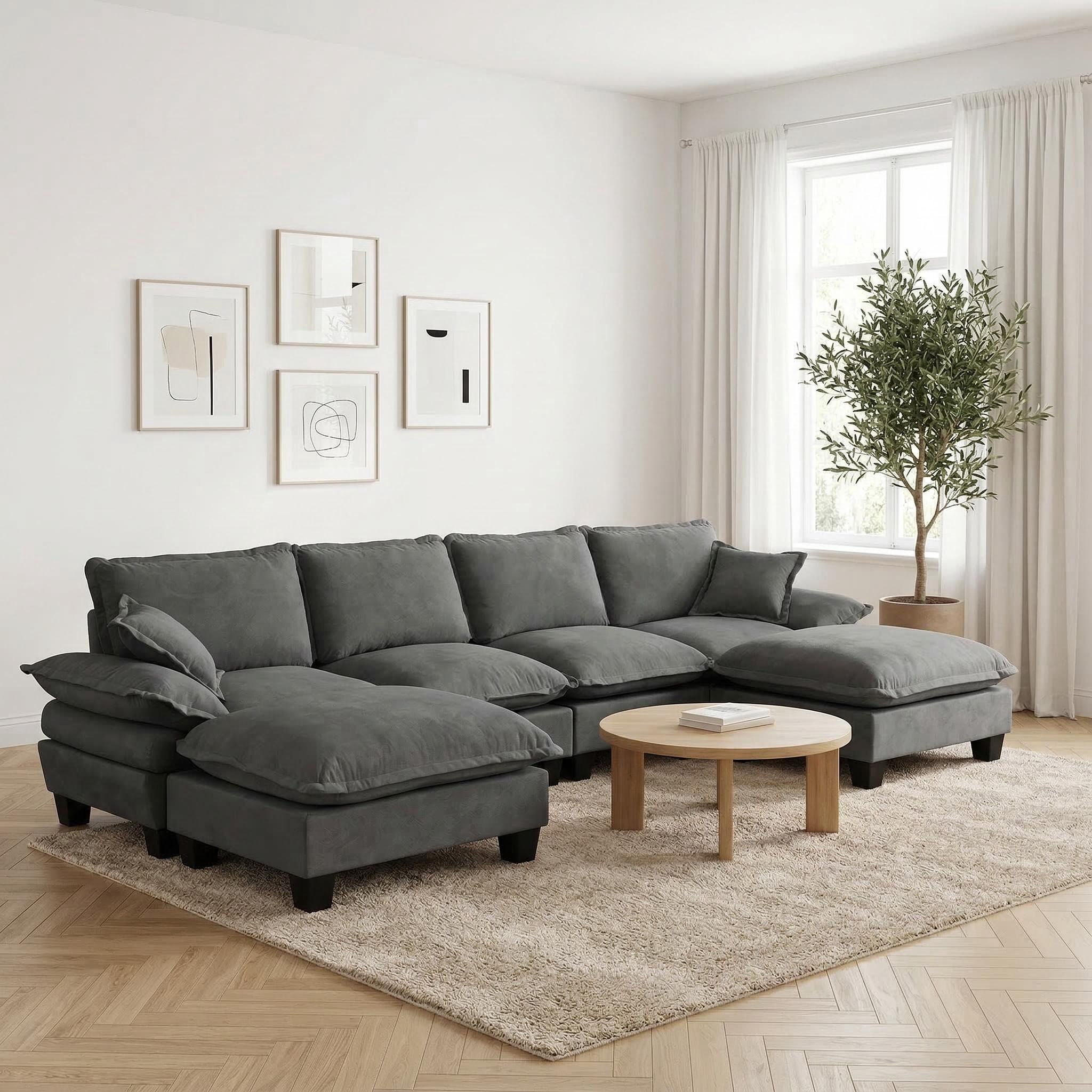 Modular Sectional Sofa With Movable Ottoman & Pillows