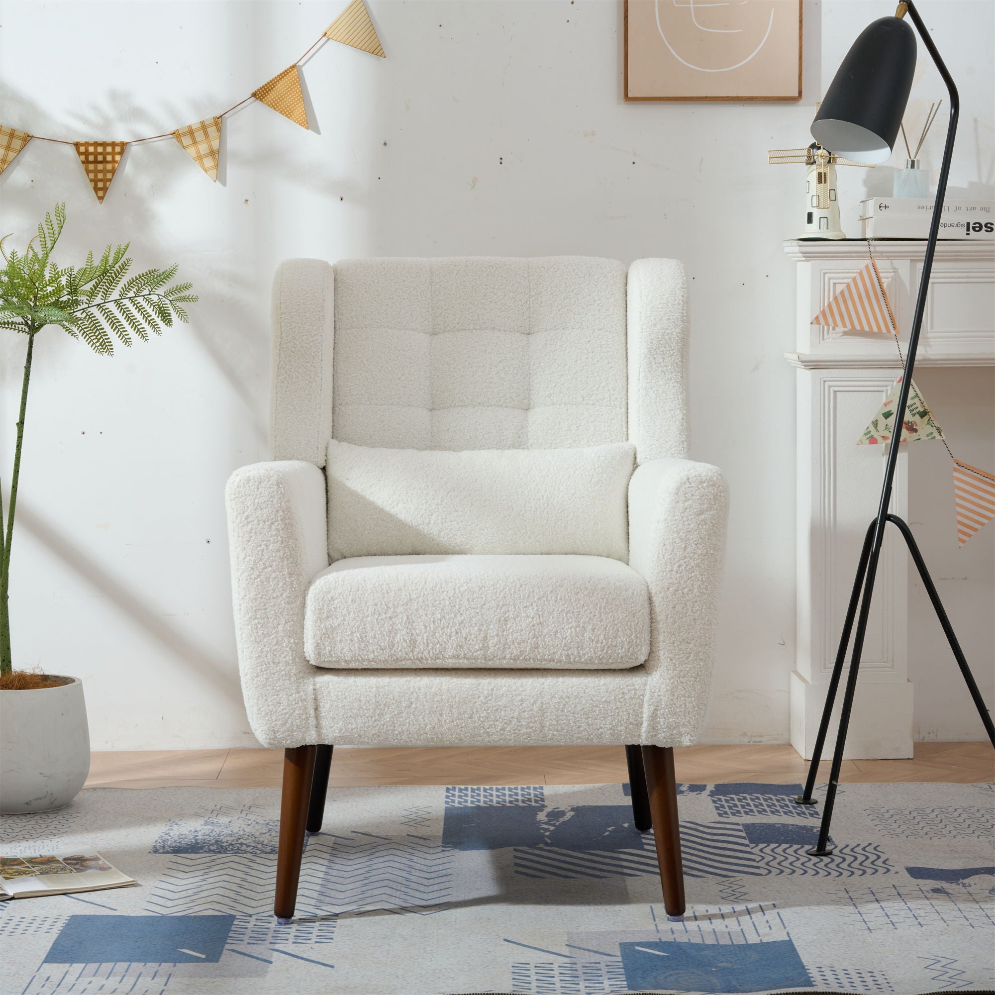 Modern Accent Chair, Arm Chairs For Living Room, Upholstered Mordern Armchair, Comfy Soft Padded Lounge Chair In Small Space, Bedroom, With Pillow, Solid Wood Leg