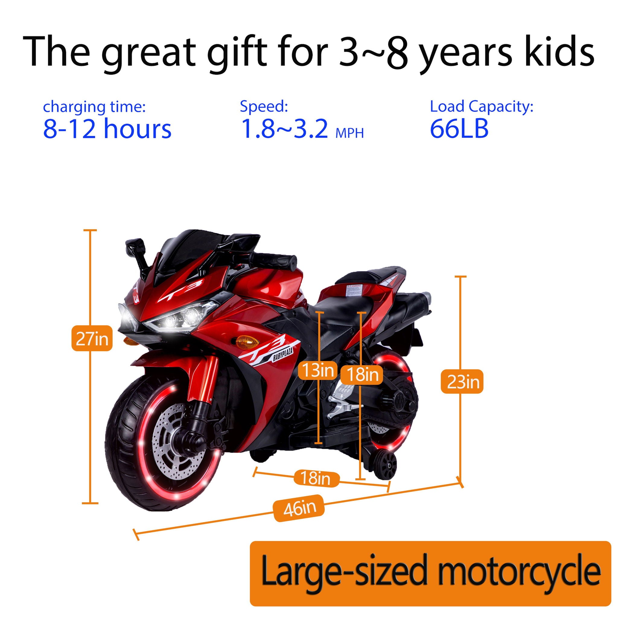 Kids 12V Motorcycle With Training Wheels, Manual Throttle, And Lighting Wheels For Boys And Girls Ages 3-6 - Red