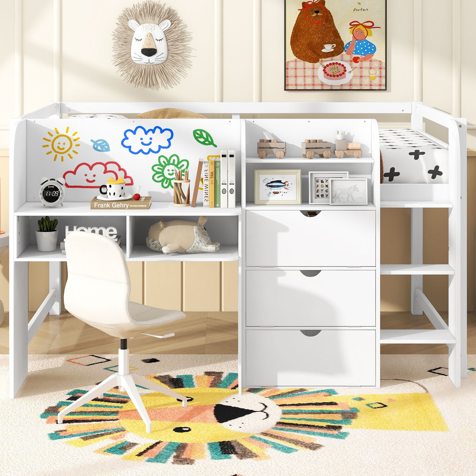 Low Loft Bed With Built In Desk, Storage Cabinets, Open Bookcase And Doodle board