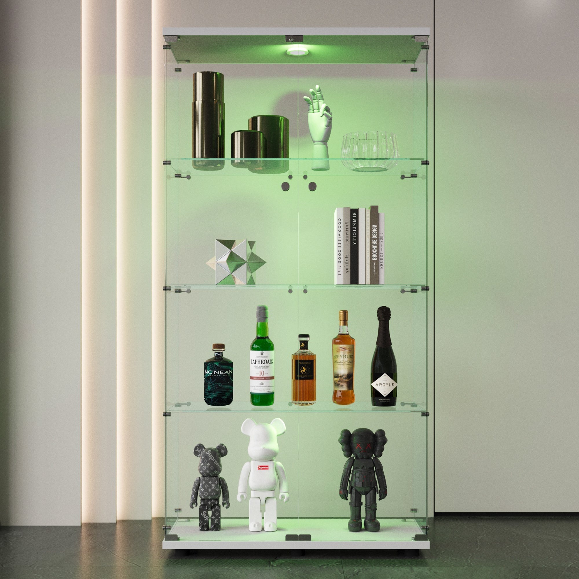 Two-door LED lights Glass Display Cabinet 4 Shelves with Door, Floor Standing Curio Bookshelf for Living Room Bedroom Office, 64.7"*31.7"*14.3", White