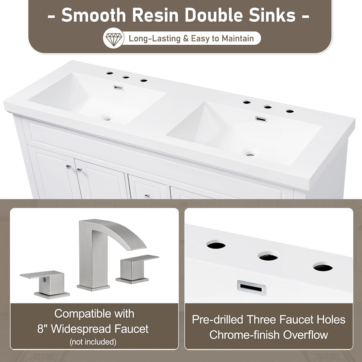 Vanity Top With Undermount Rectangular Double Sinks, Faucet Holes - White