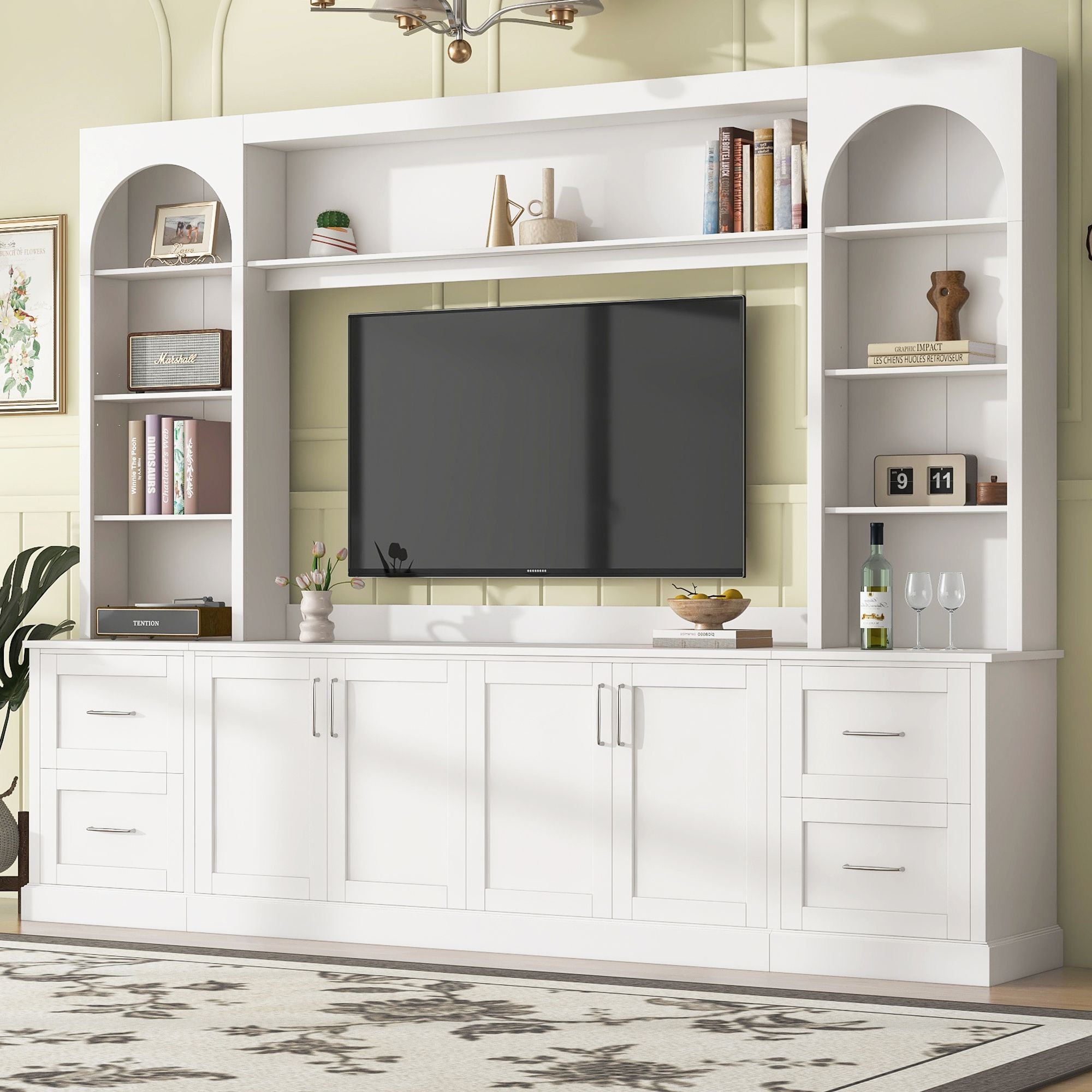 Arched Entertainment Center Wall Unit With Drawers, TV Stand
