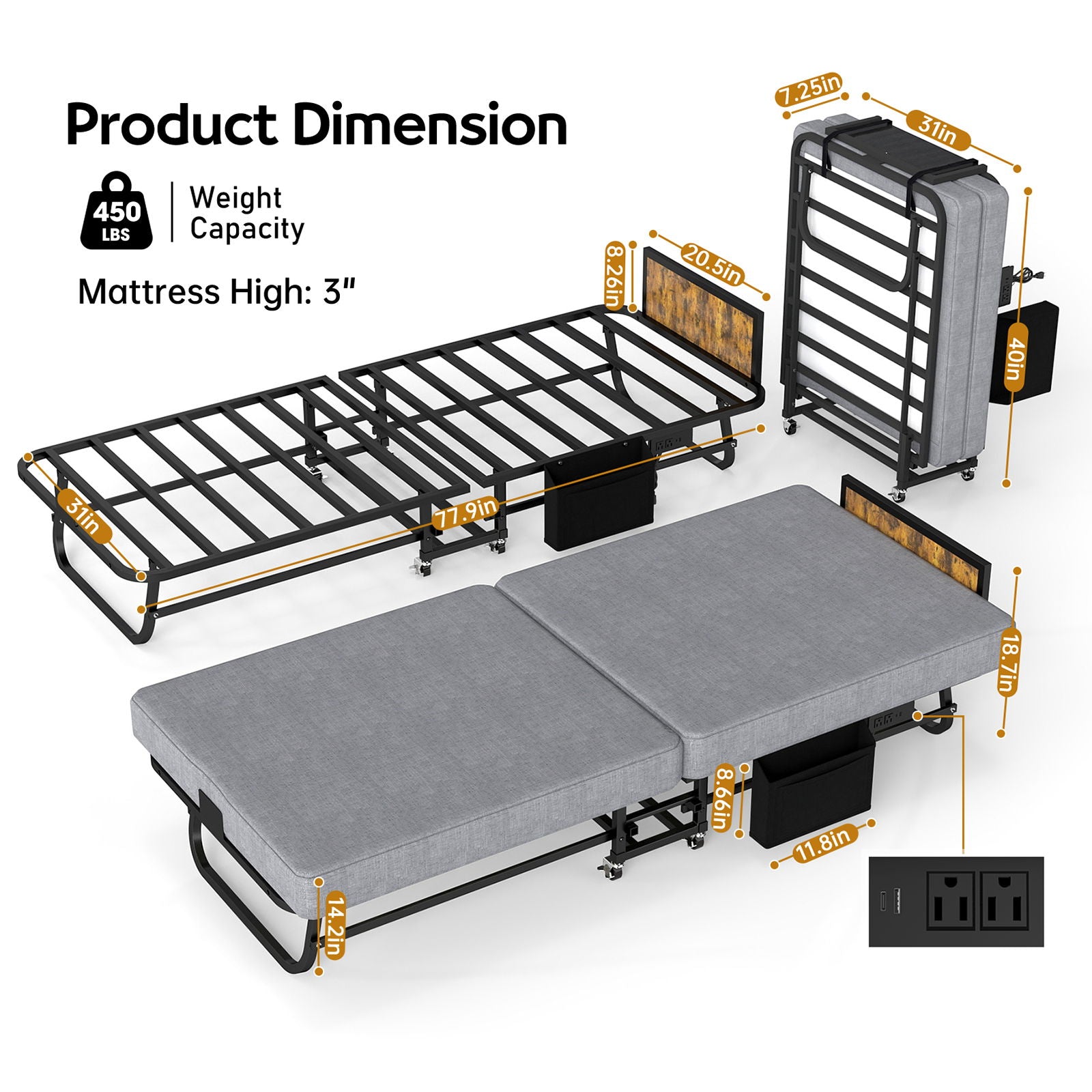 Twin Folding Bed With Headboard & USB Charging Station - Gray