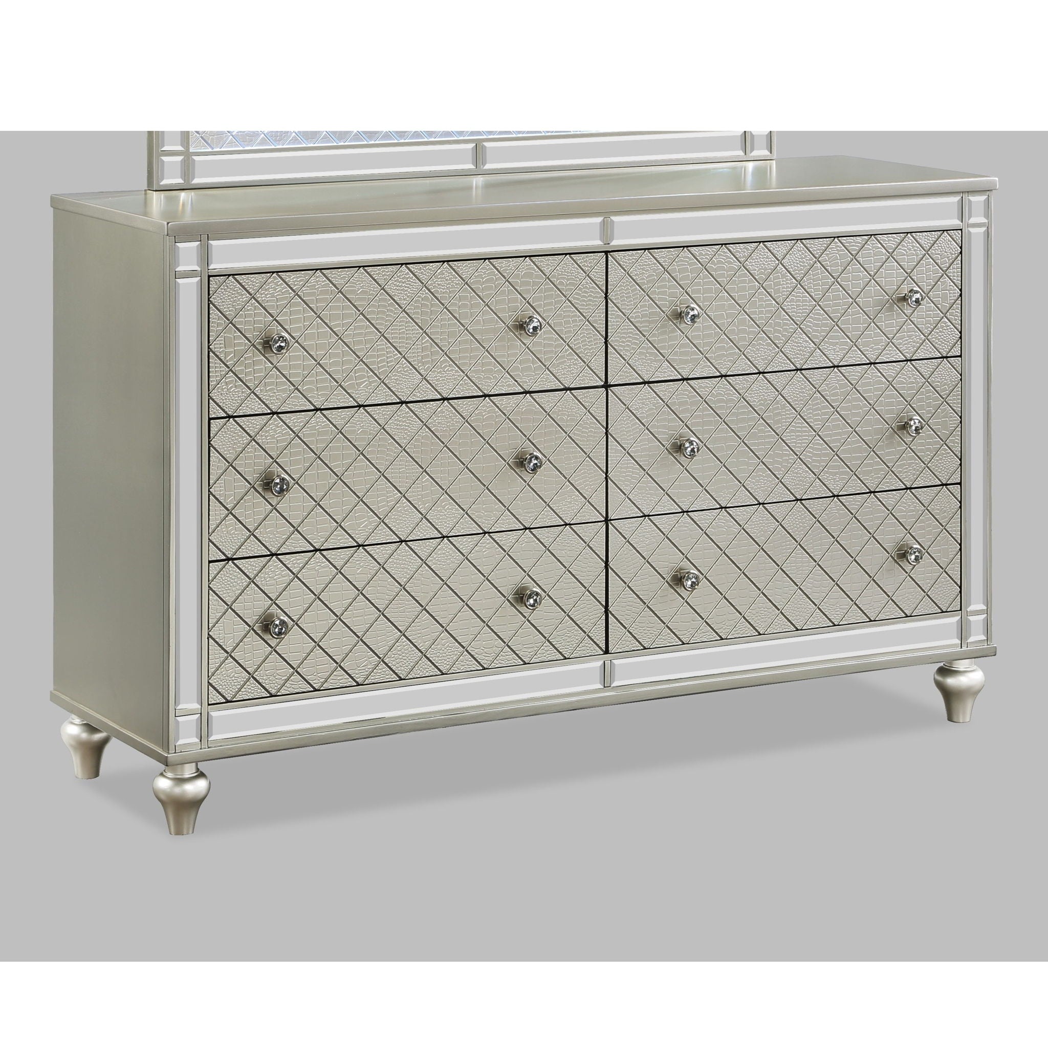 6 Drawer Bedroom Dresser With Diamond Patterned Drawer Fronts - Silver