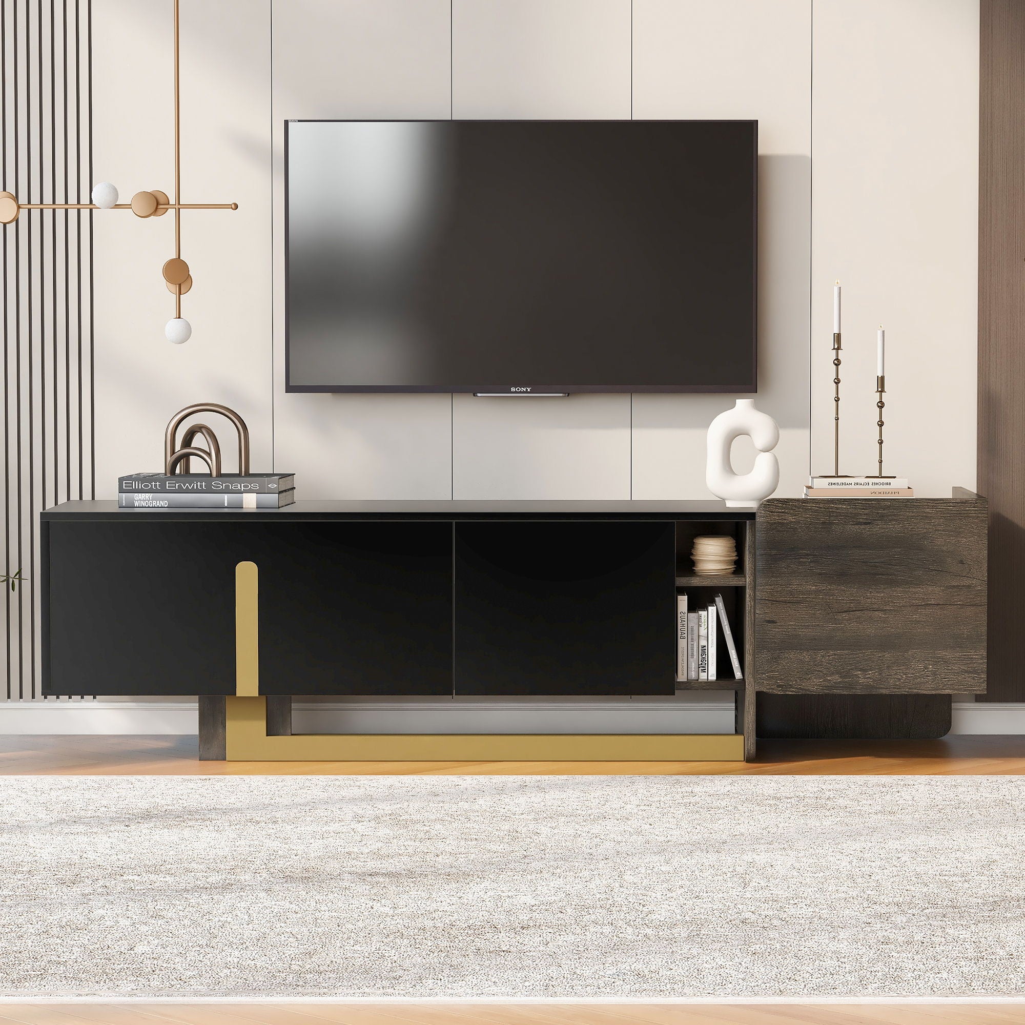 TV Stand With 1 Drawer, 2 Cabinets And Adjustable Shelves