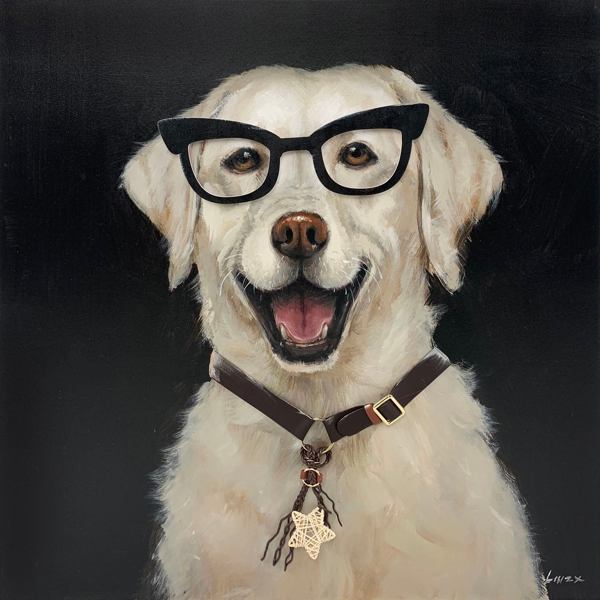Cheerful Scholar Pup - 25" x 25" Framed Wall Art - Beige
