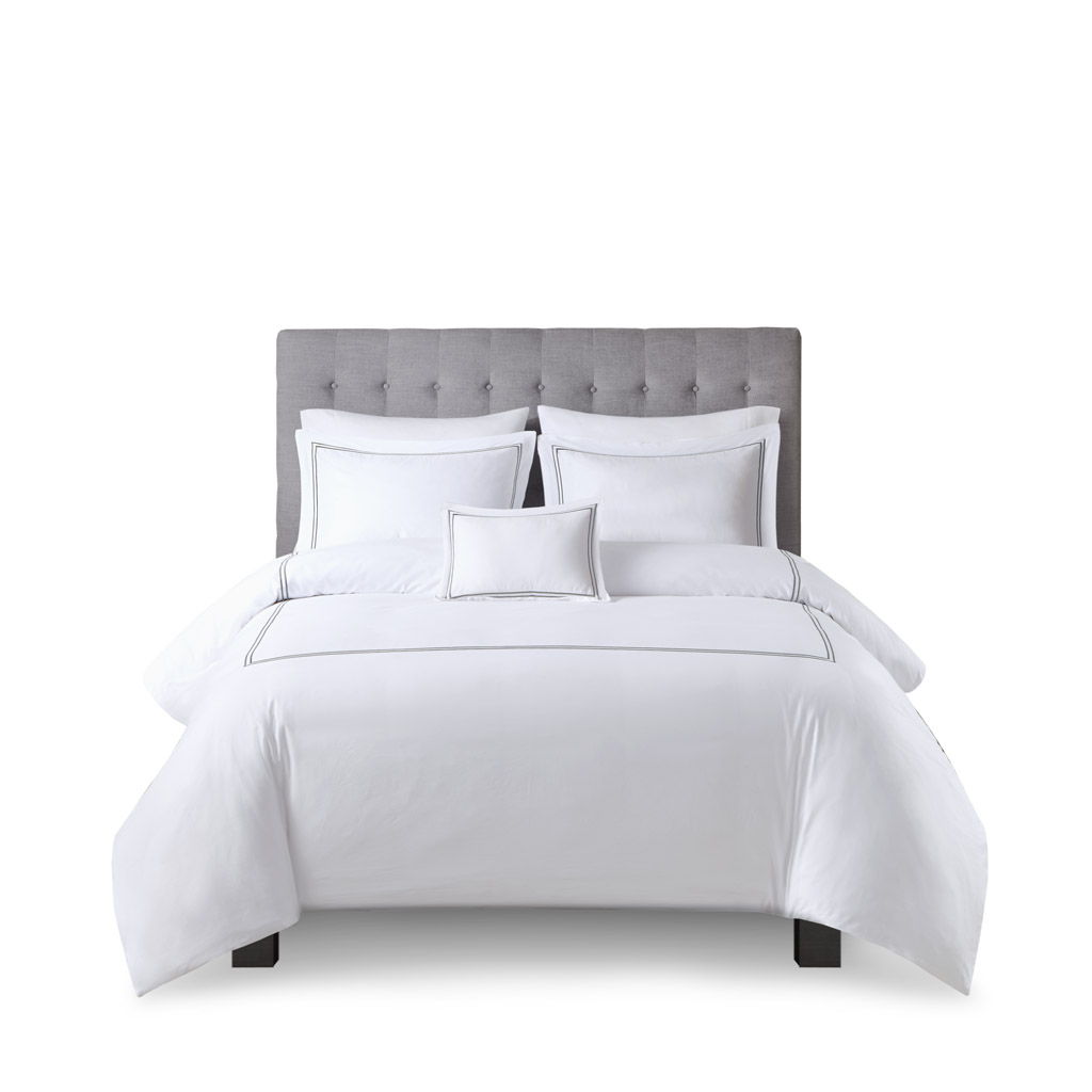 500 Thread Count Luxury - King Sateen Embroidered Duvet Cover Set - White / Gray