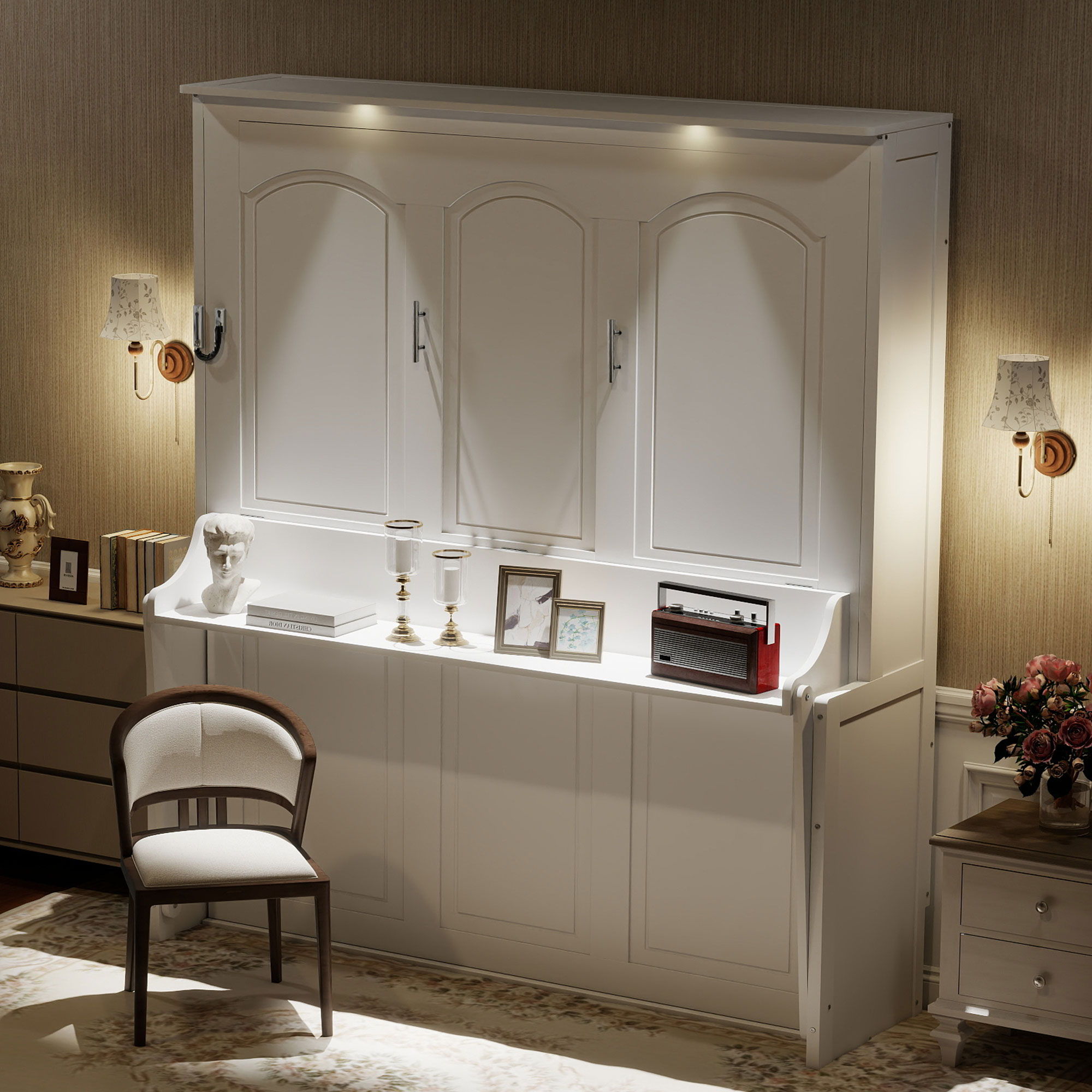 Murphy Bed With Desk, LED Lights And USB Charging Station
