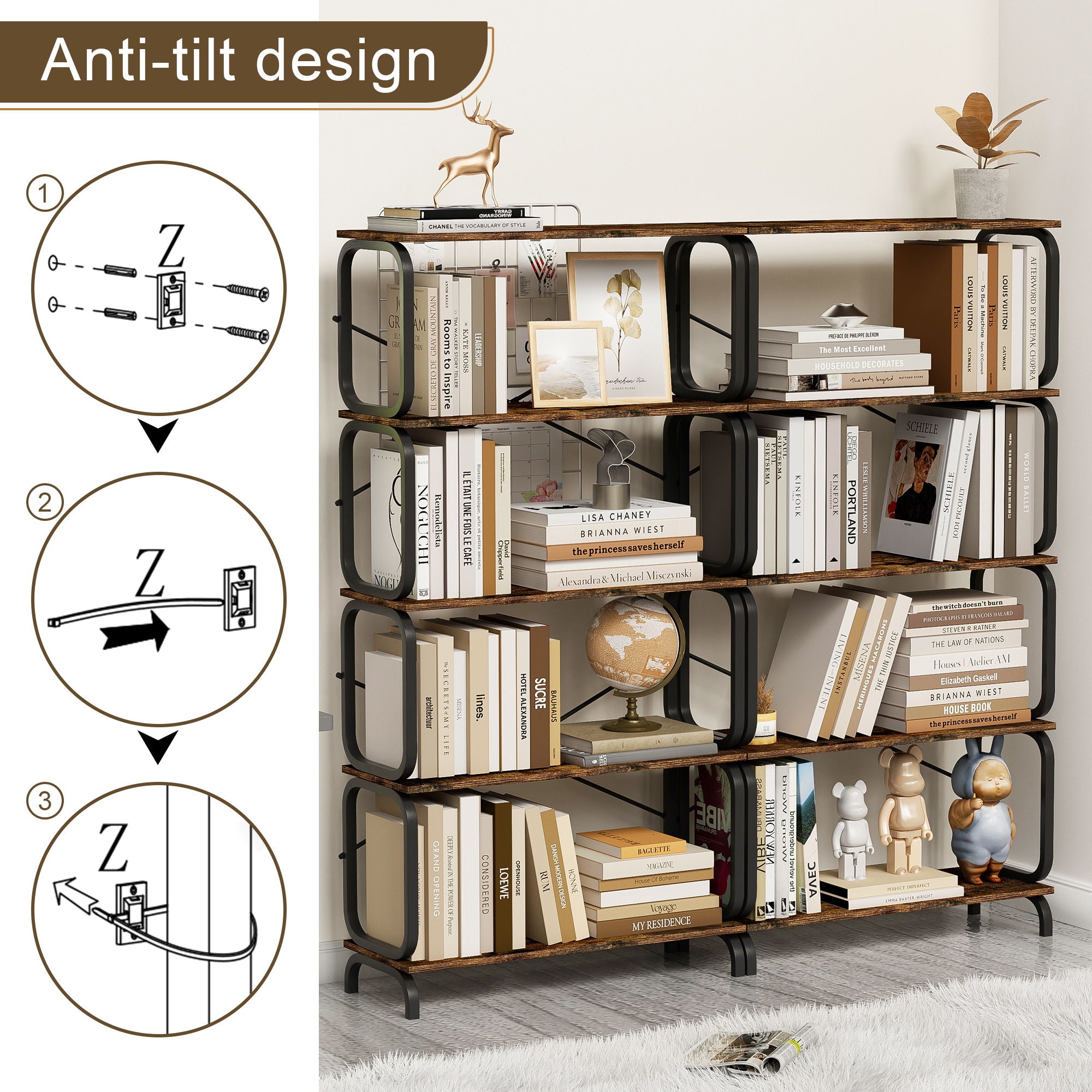 5 Tier Industrial Bookshelf, Tall Bookcase With Open Design, Vintage Storage Organizer