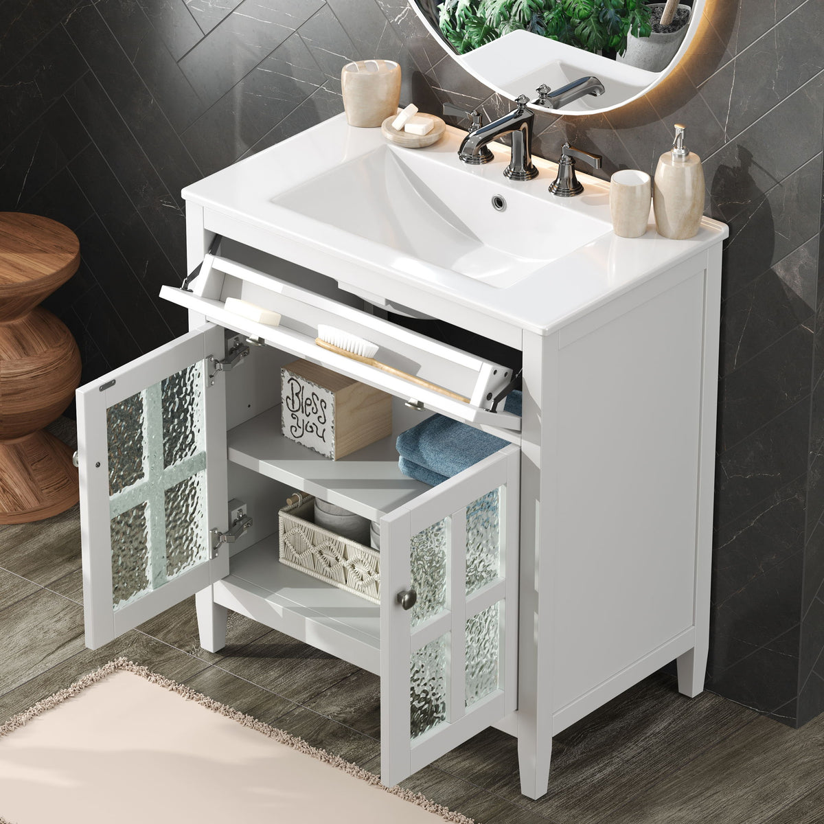 Bathroom Vanity With Ceramic Sink, Adjustable Shelf & Tip Out Tray