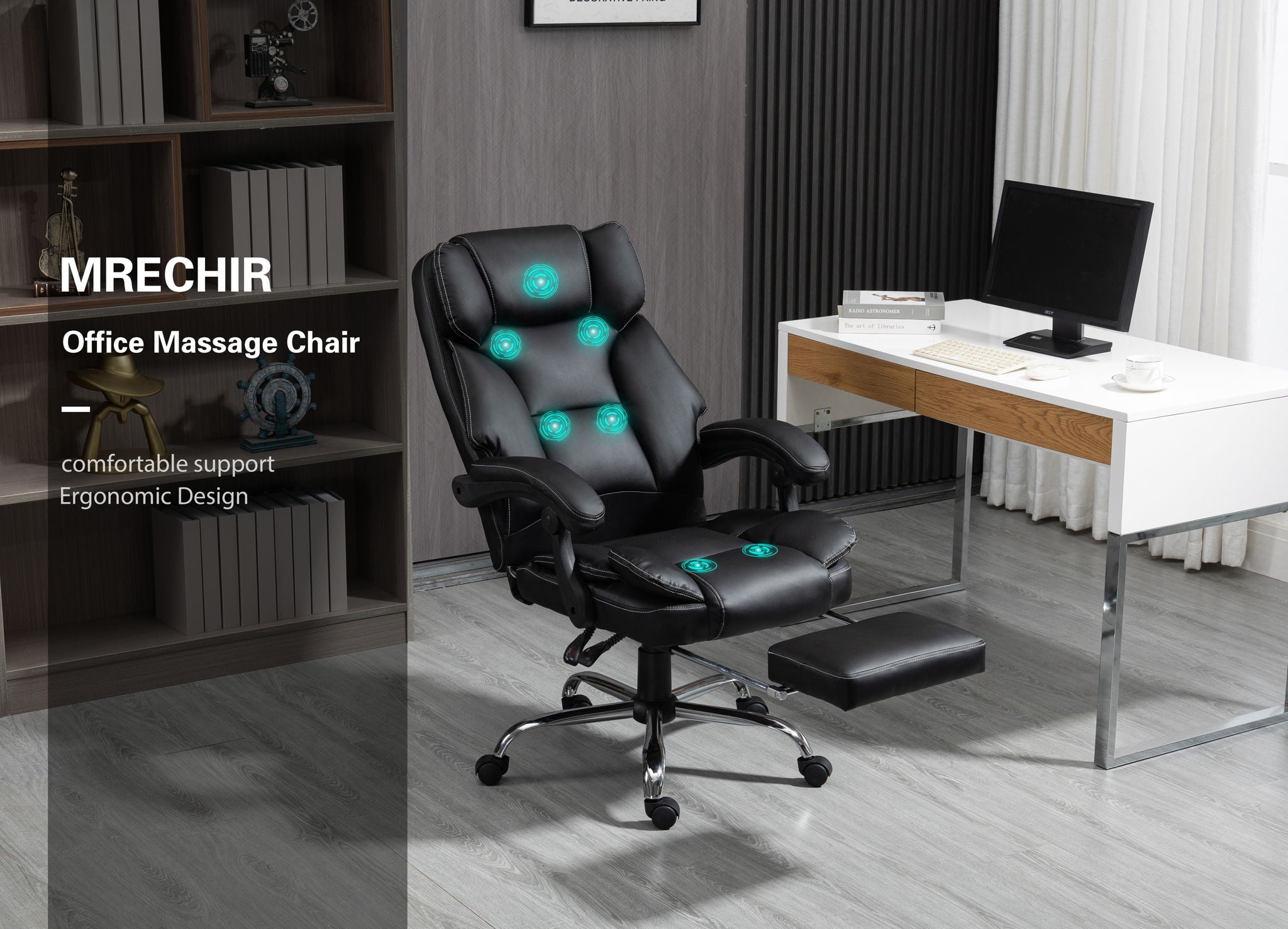 Reclining Office Chair With Massage, Ergonomic Computer Chair With Foot Rest - Black