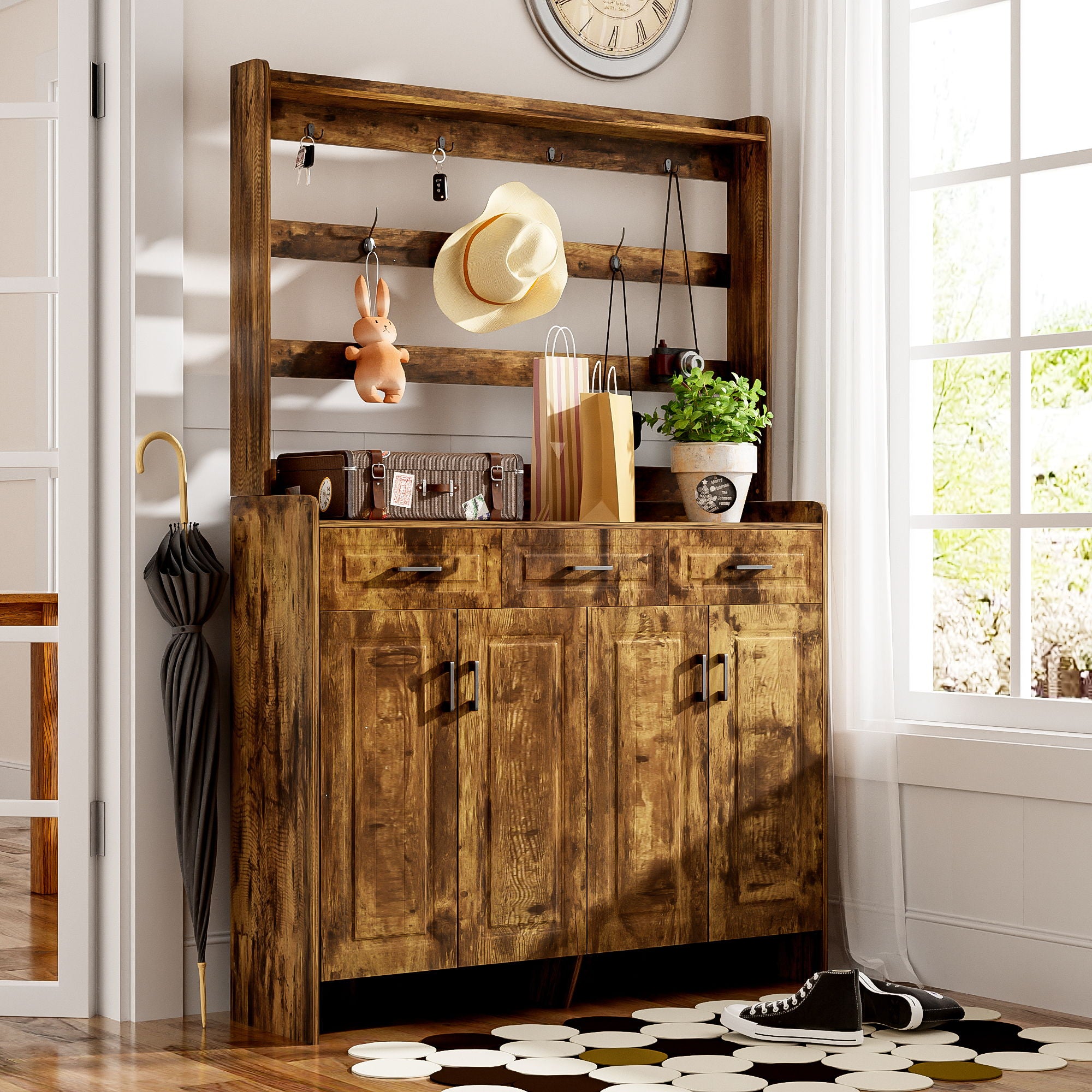 Minimalist 4 Door Shoe Cabinet With Coat Rack, 3 Drawers, 8 Shelves, Metal Hooks And Handles