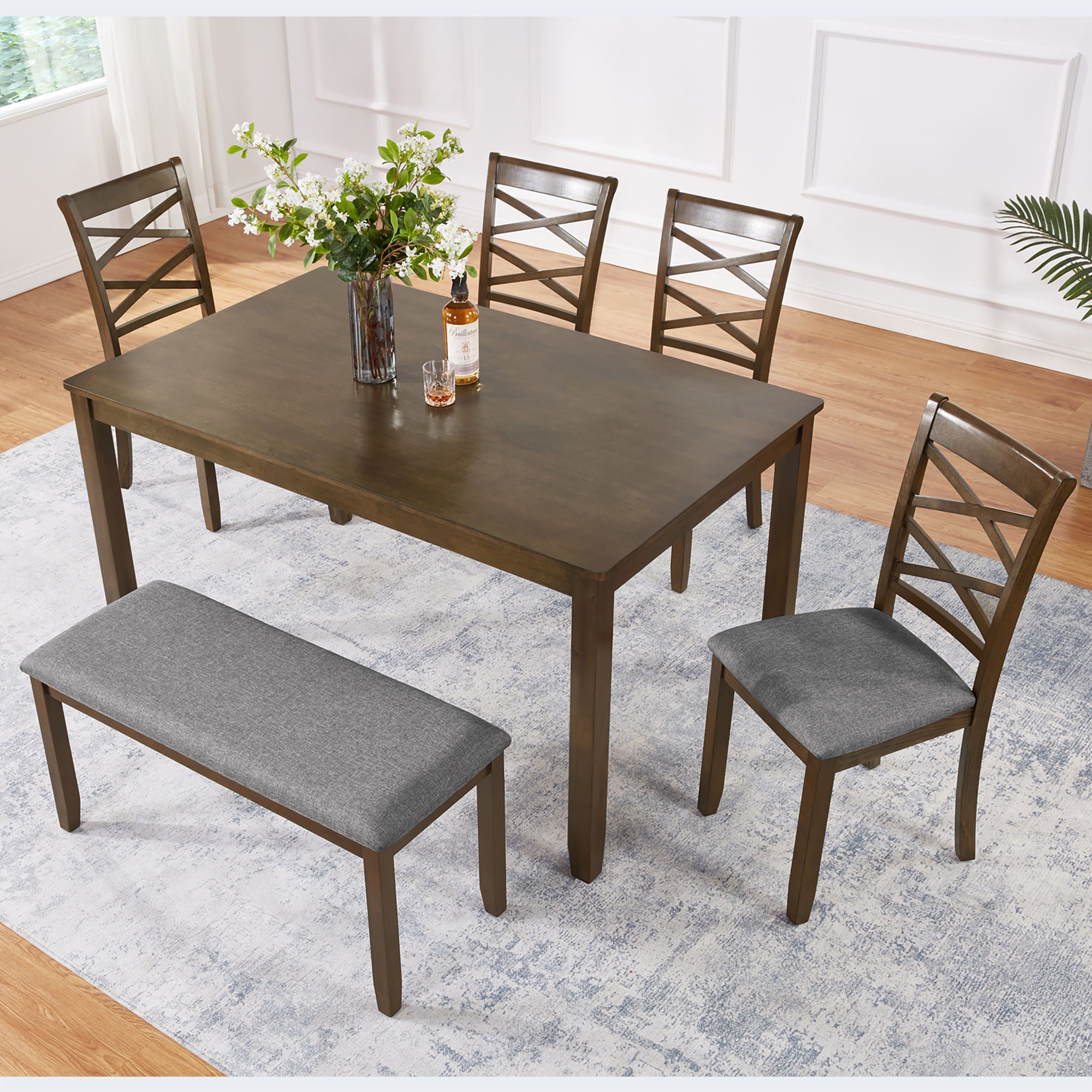 Elegant 6 Piece Dining Table Set With 4 Chairs And Bench