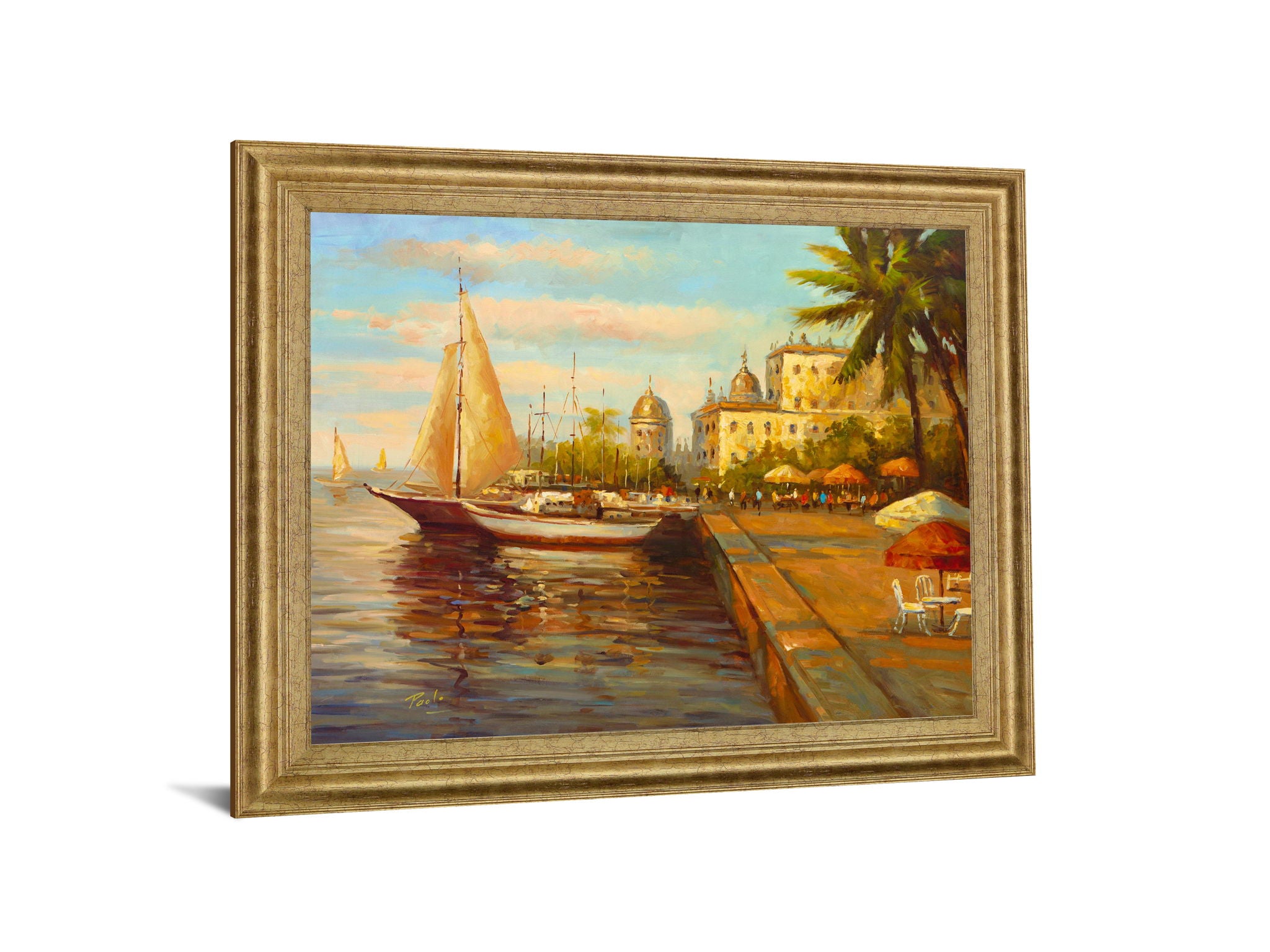 Sunlit Marina Promenade - 28" x 34" Framed Wall Art - Beige