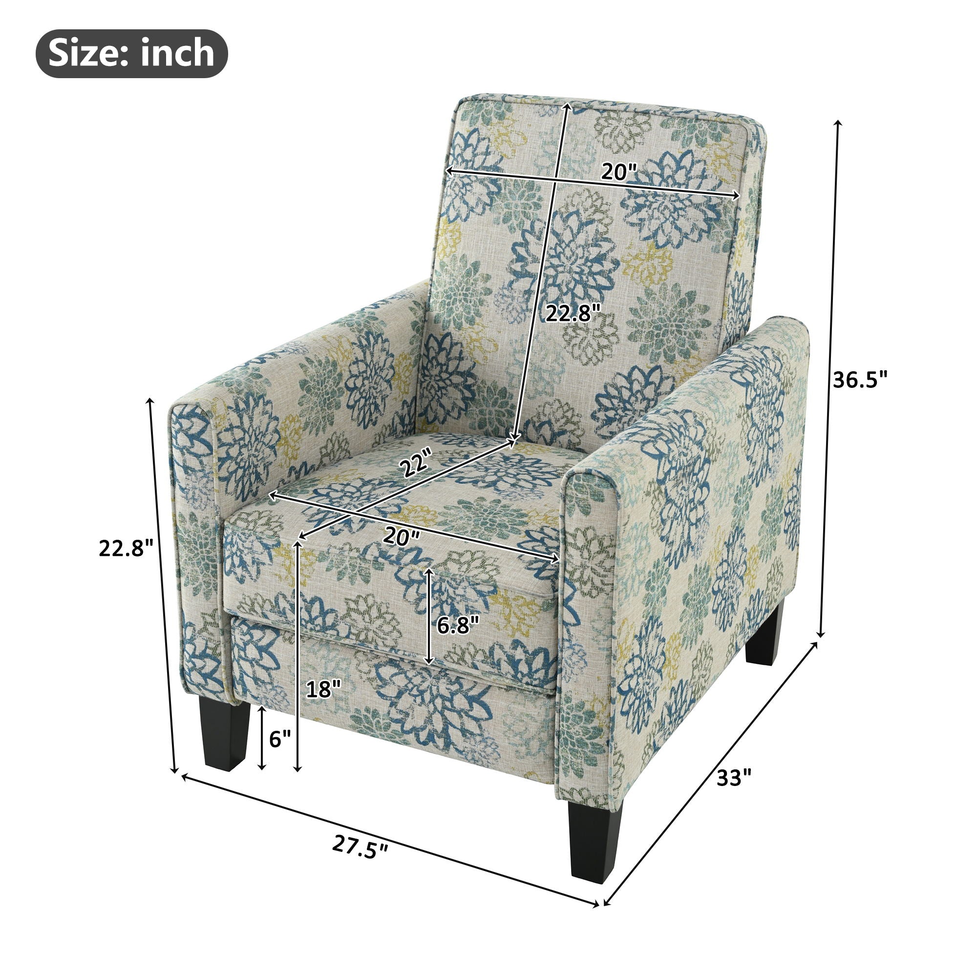 Upholstered Push Back Recliner Chair For Living Room - Blue
