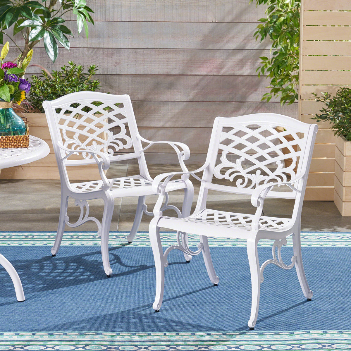 Unravel - Outdoor Arm Chair With Scroll Design And Floral Accents (Set of 2) - White