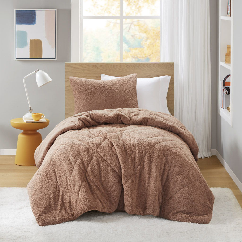 Kyla - Twin/Twin Long Double Diamond Quilted Teddy Comforter Set - Brown