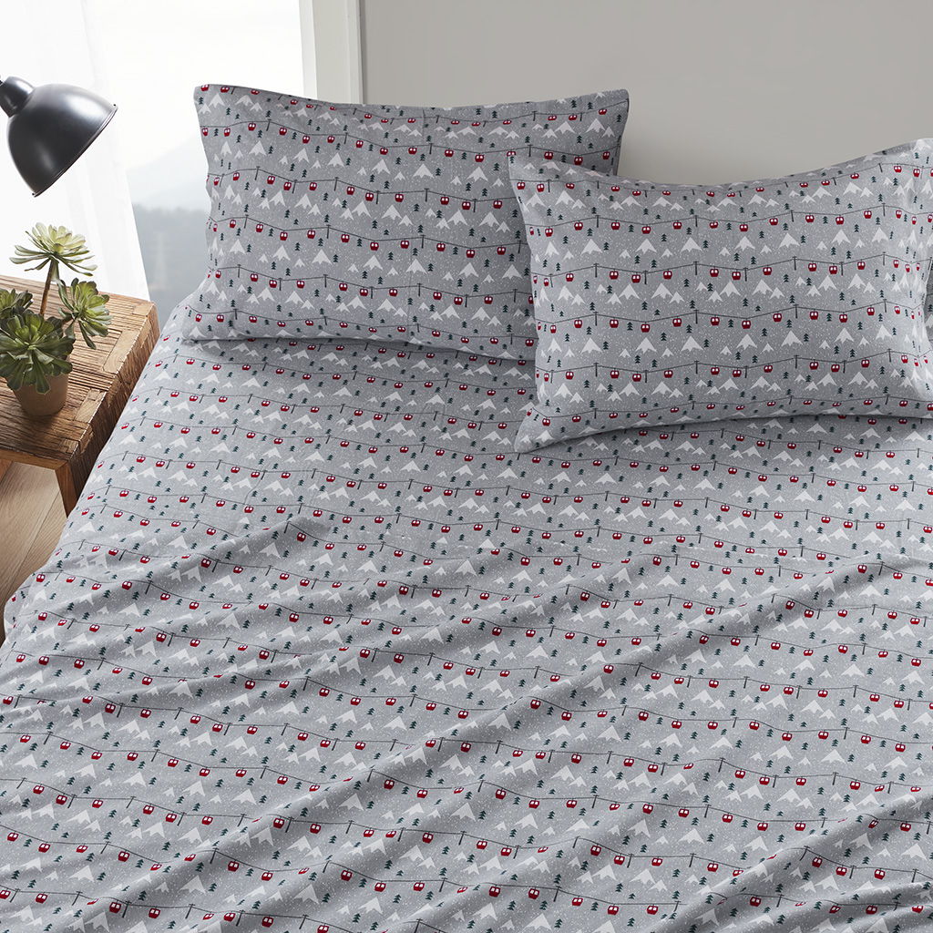 Flannel - 4 Piece Full Sheet Set - Gray Ski Jump
