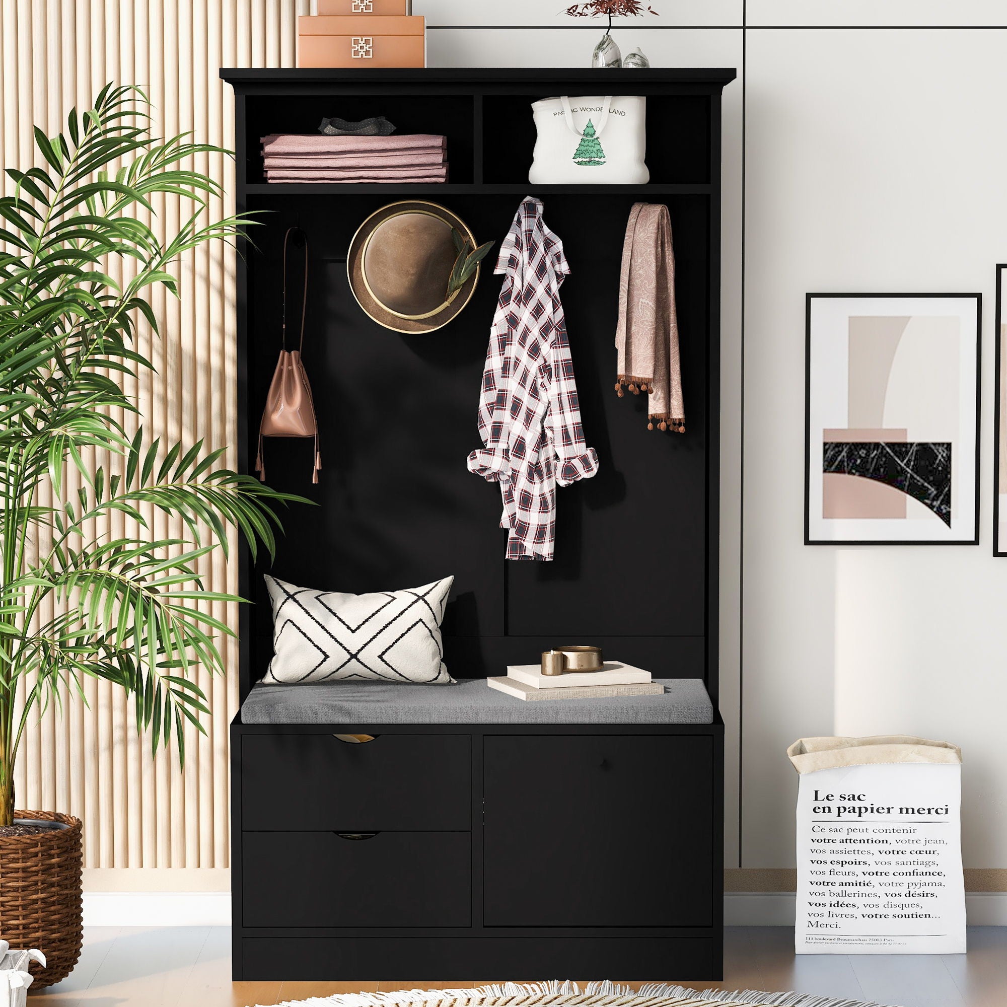 5 In 1 Entryway Bench With Coat Rack, Cushion And 4 Sturdy Hooks, Shoe Storage Bench