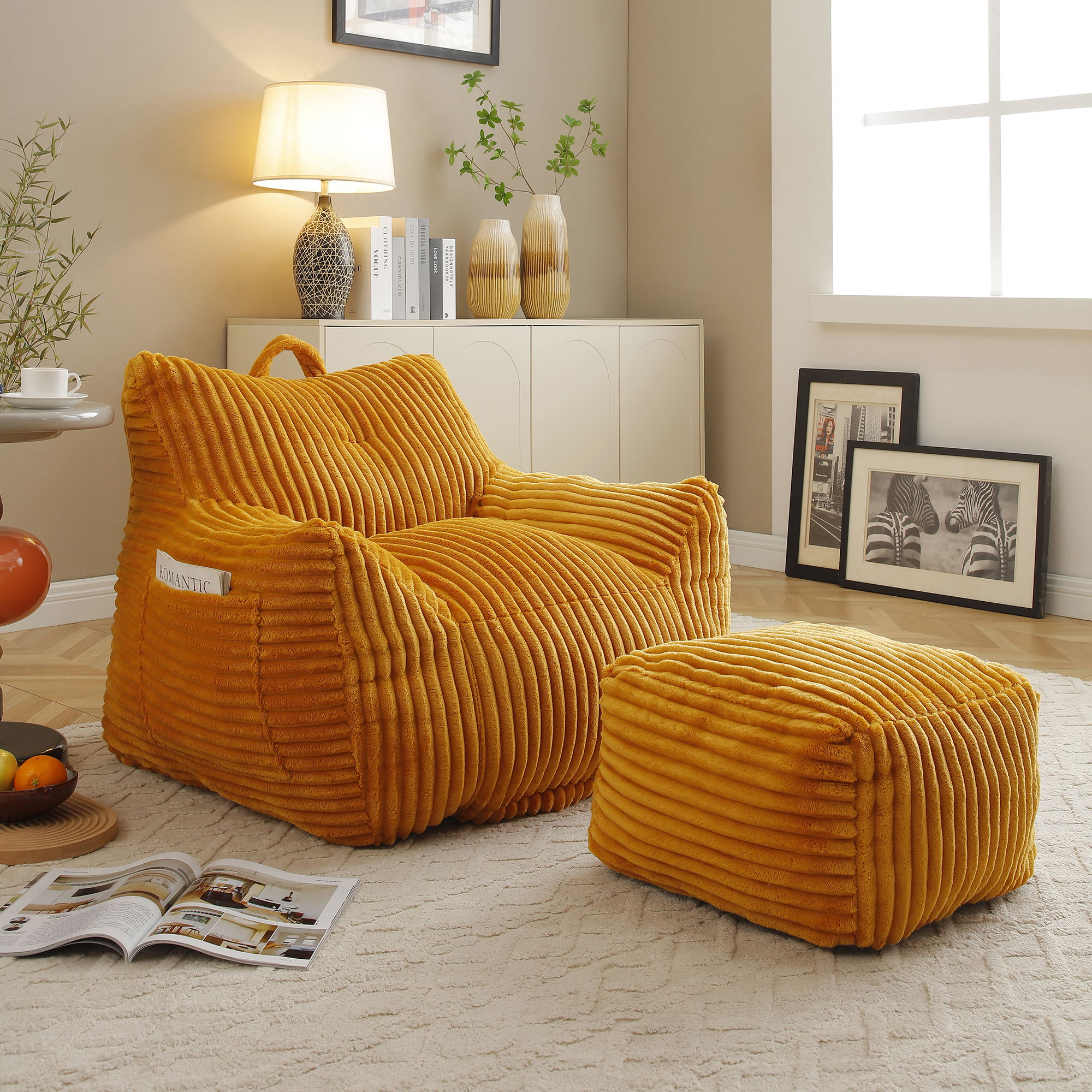 Giant Bean Bag Chair With Armrests And Footstool