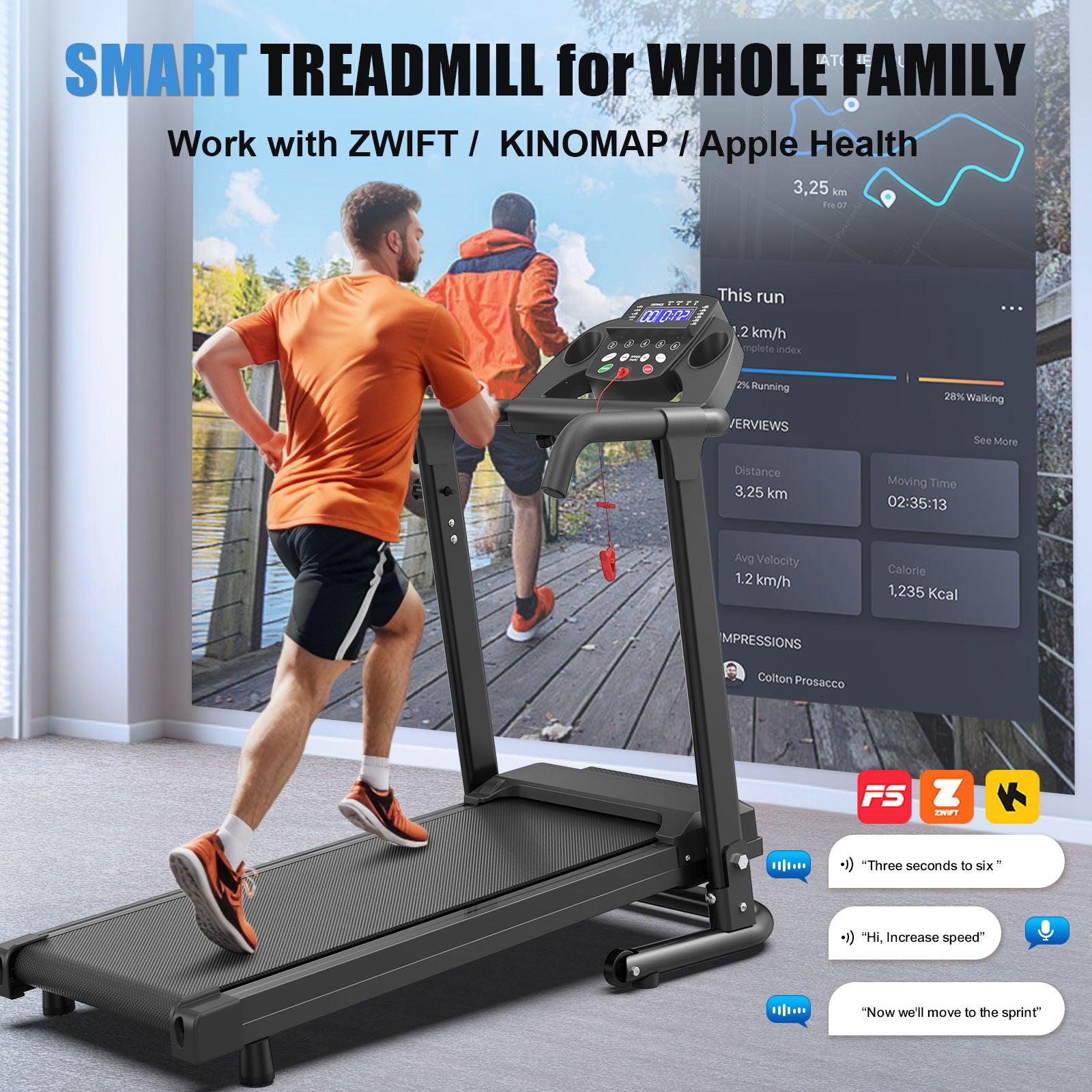 2.5Hp Portable Treadmill With Handles, App Control & LED Display - Black