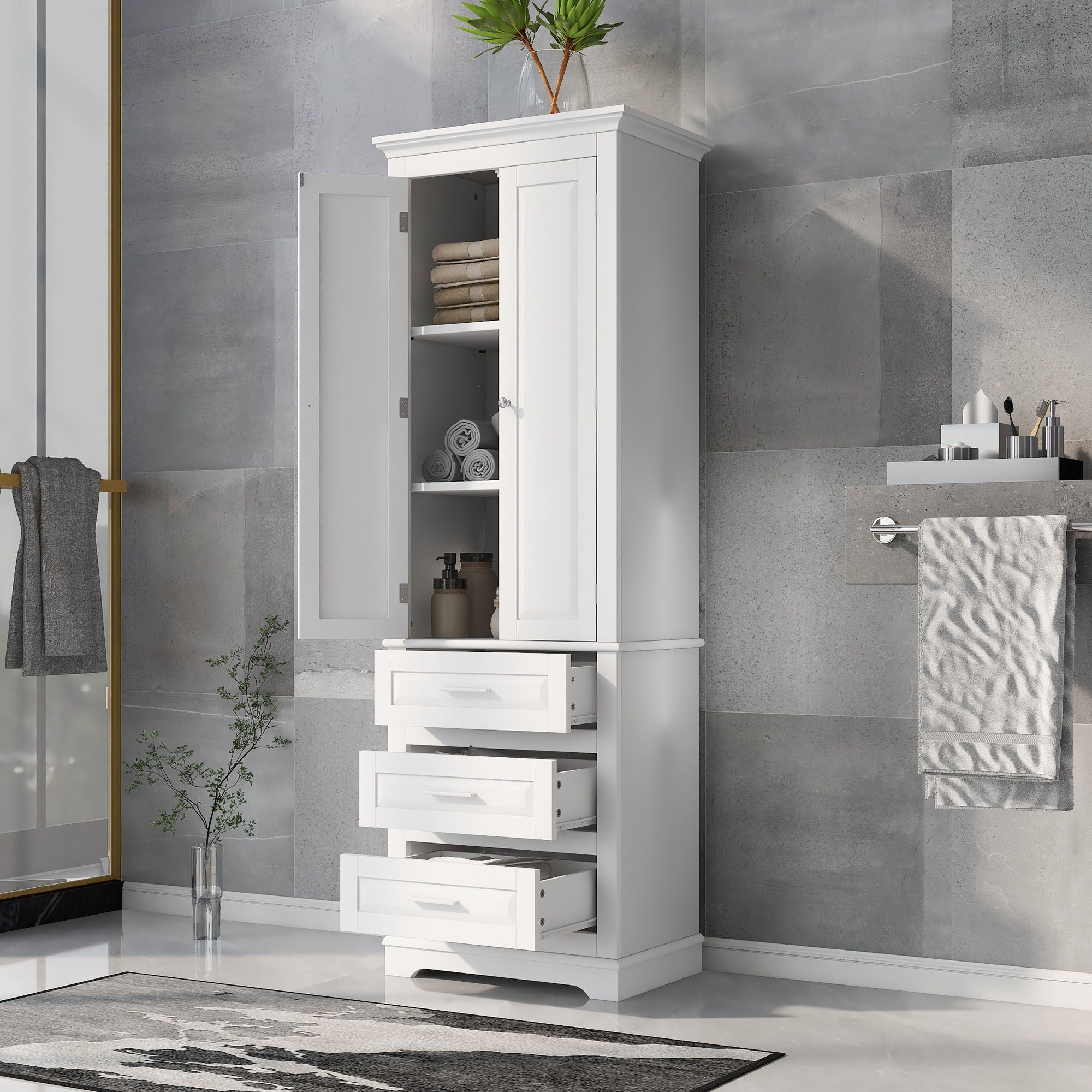 Tall Storage Cabinet With 3 Drawers For Bathroom