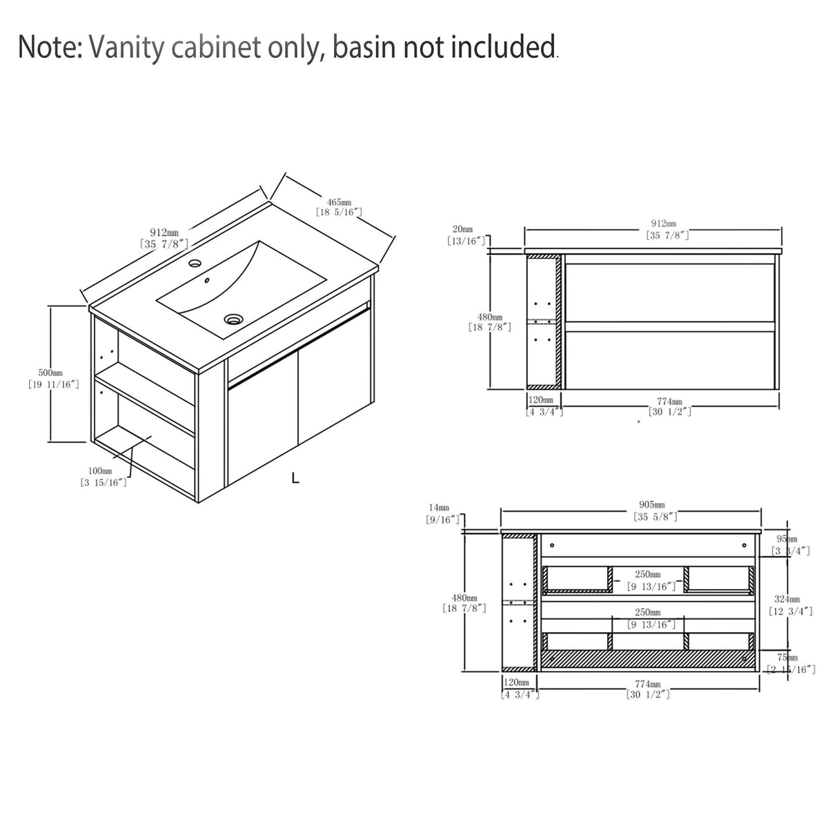 Floating Bathroom Vanity Cabinet, Soft Close Double Drawers, Open Side Storage, Wall Mounted, Cabinet Only