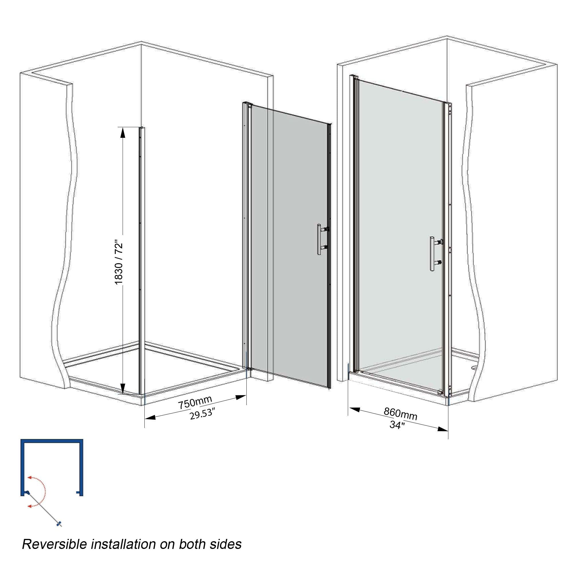 Shower Door With Explosion Proof Safety Film, Half Frame Design - Chrome