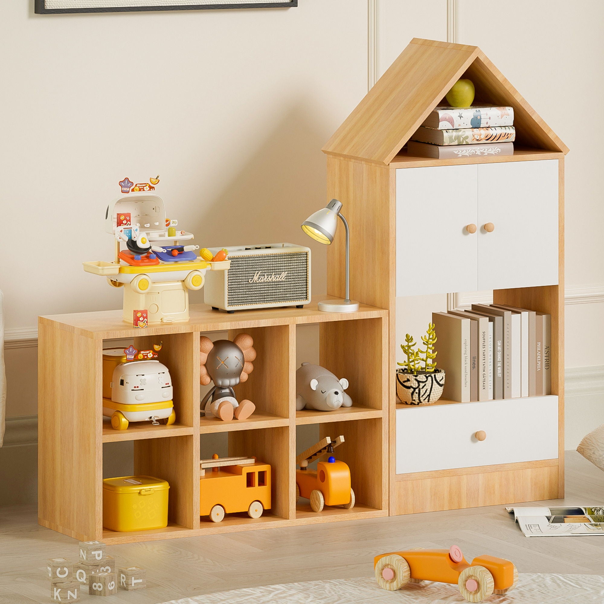 Versatile Children's Bookshelf With House Shaped Design, Multi Functional Storage