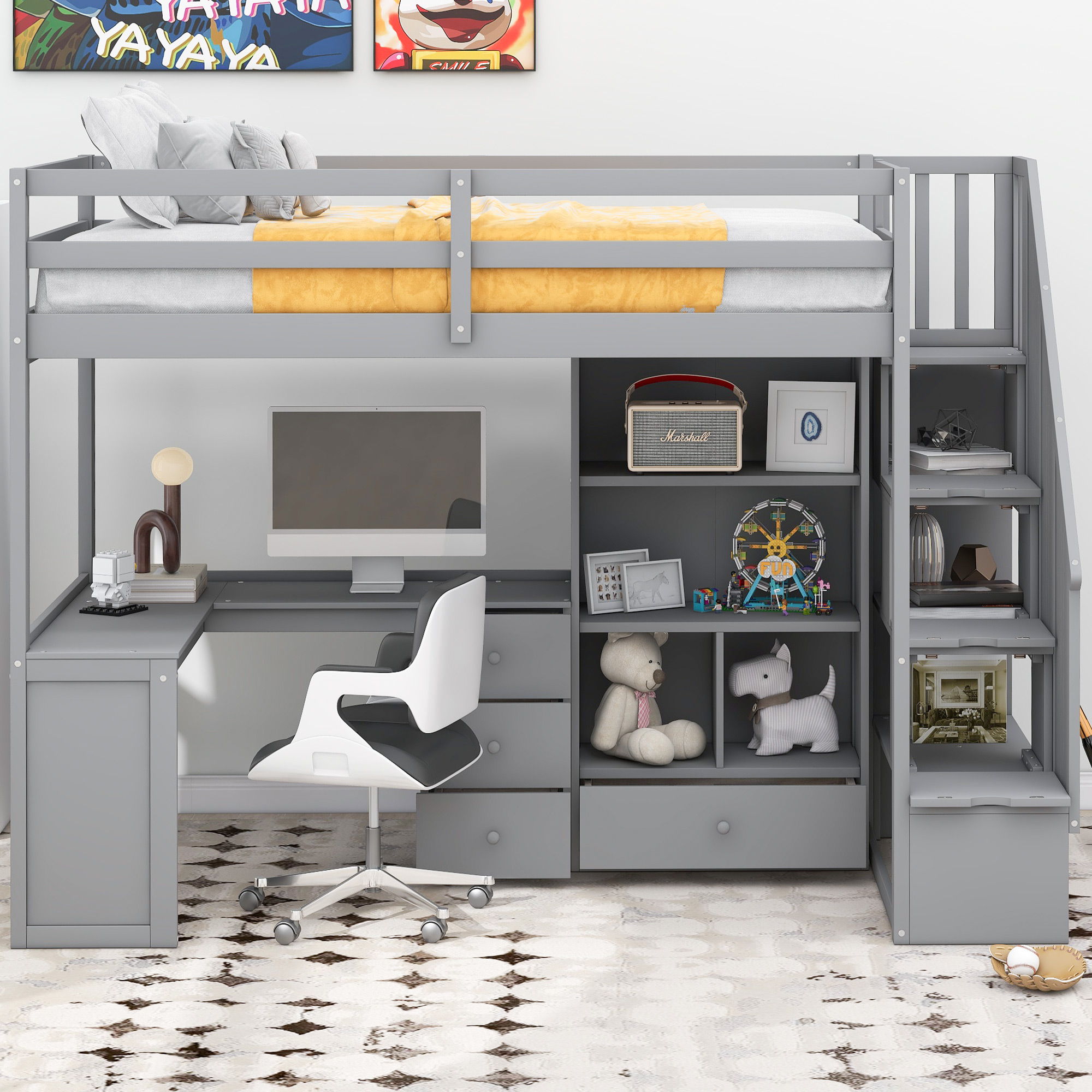 Loft Bed With L Shaped Desk, Drawers, Cabinet, And Storage Staircase