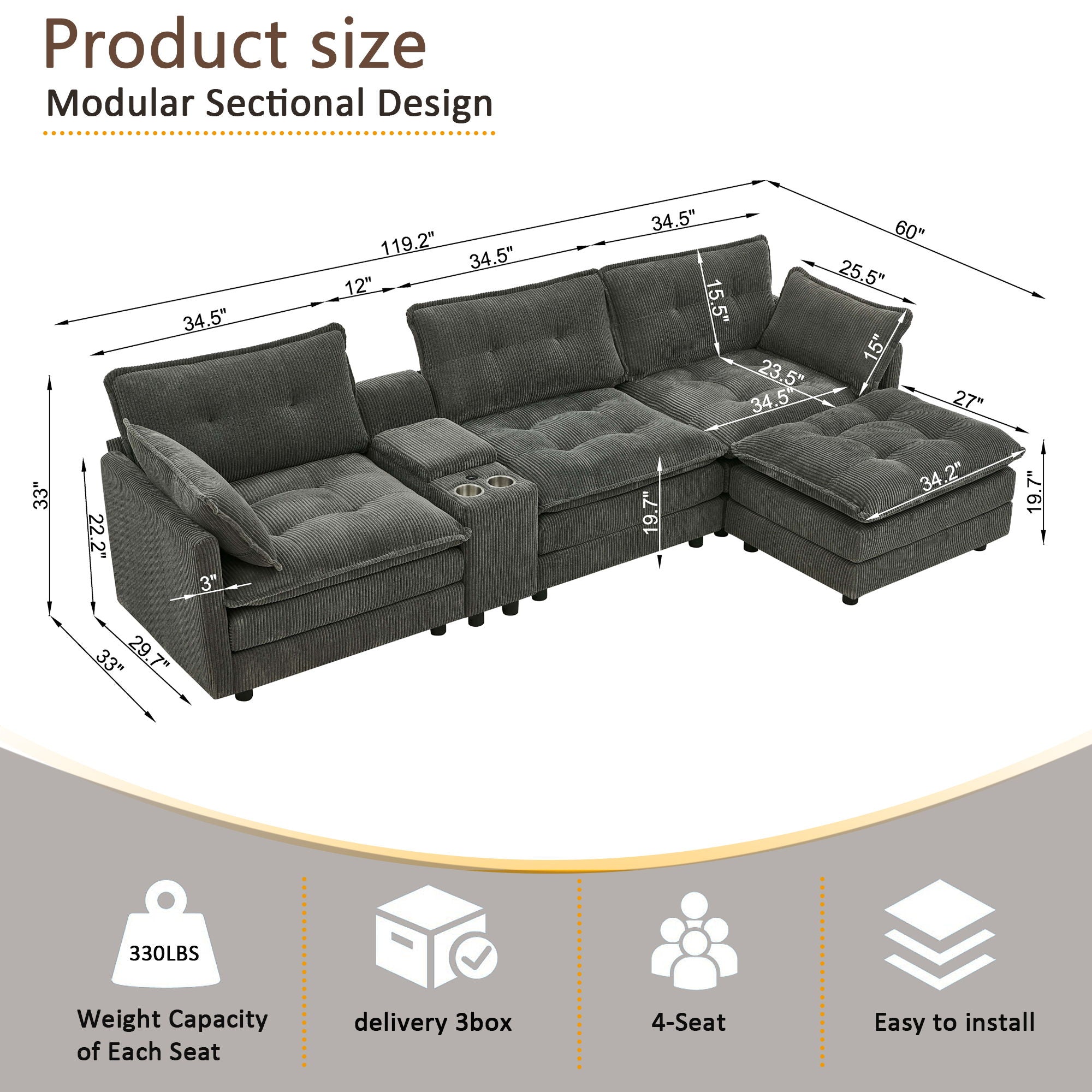 Oversized Modular Sectional Sofa With Multi Functional Console