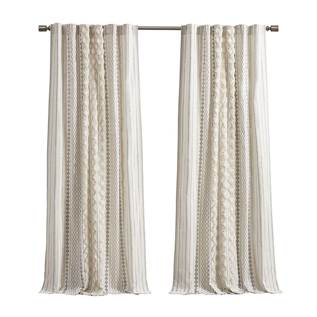 Imani - Cotton Printed Curtain Panel With Chenille Stripe And Lining - Ivory