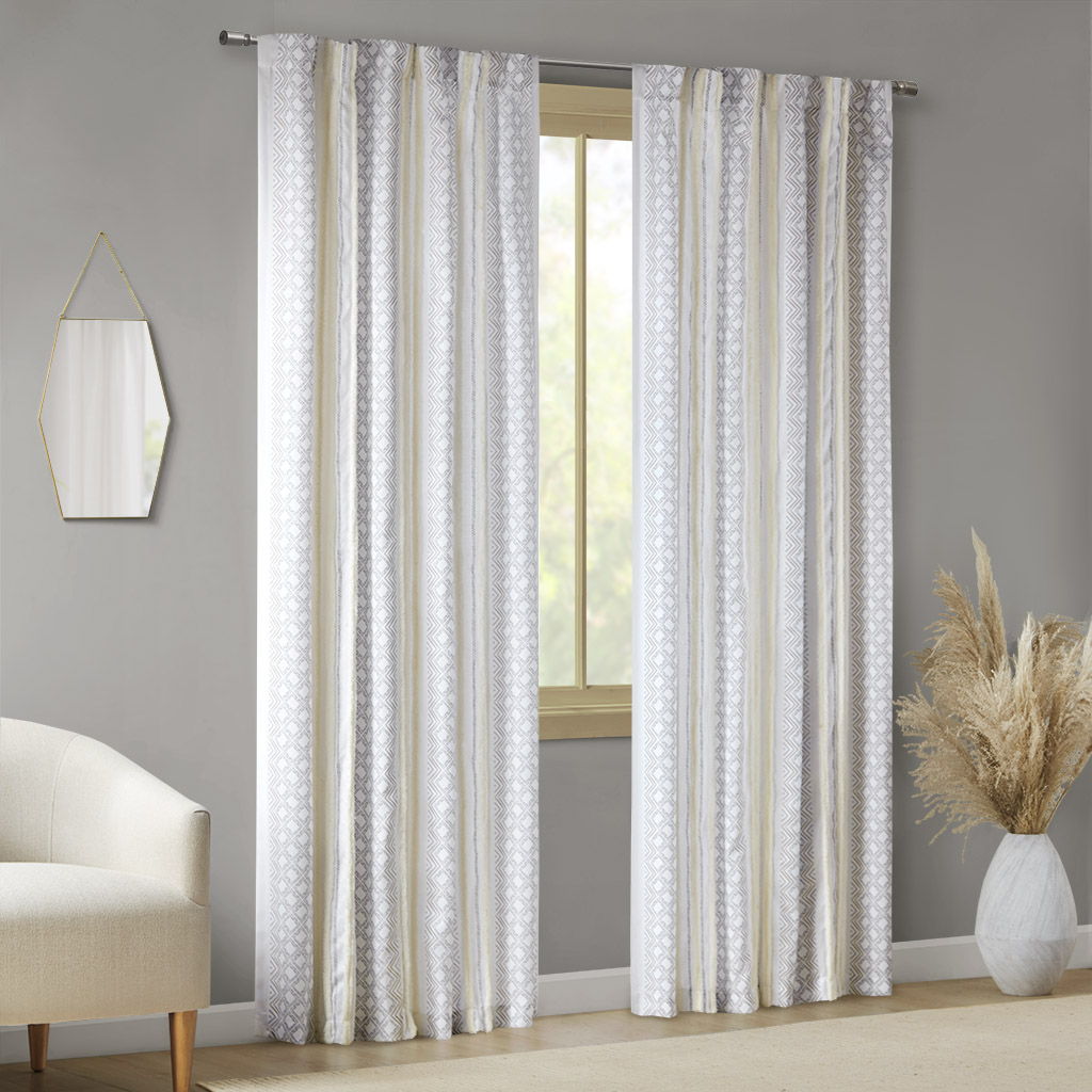 Ebby - Poly Printed Curtain Panel With Tufted Stripe (Set of 2) - White / Taupe