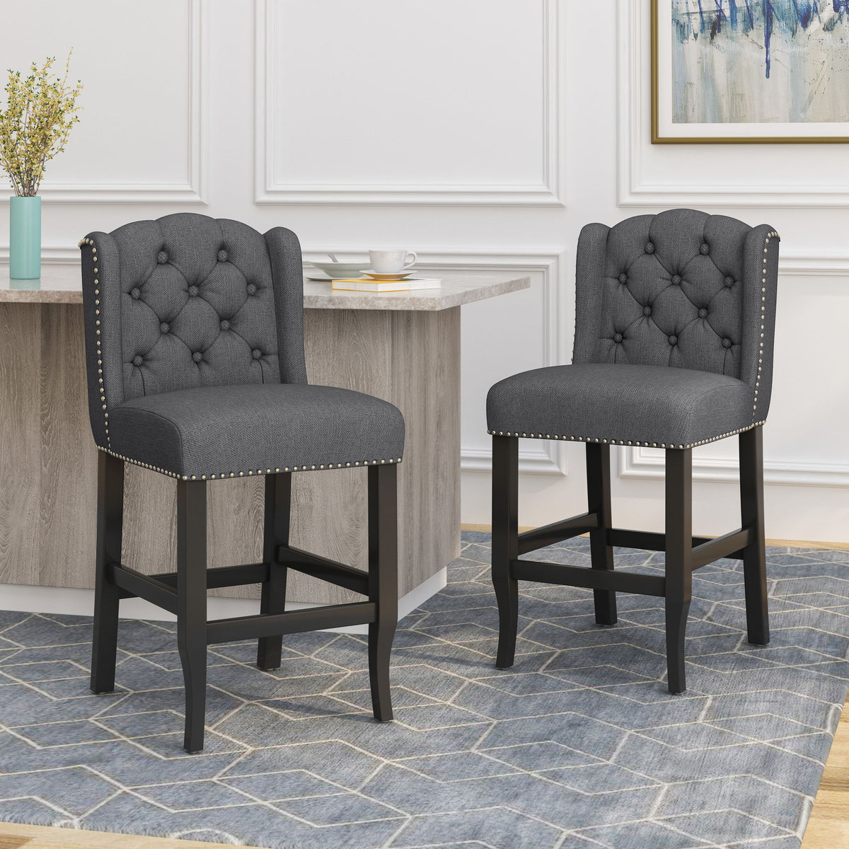 Vienna - Fabric Tufted Counter Stool With Nailhead Accents (Set of 2)