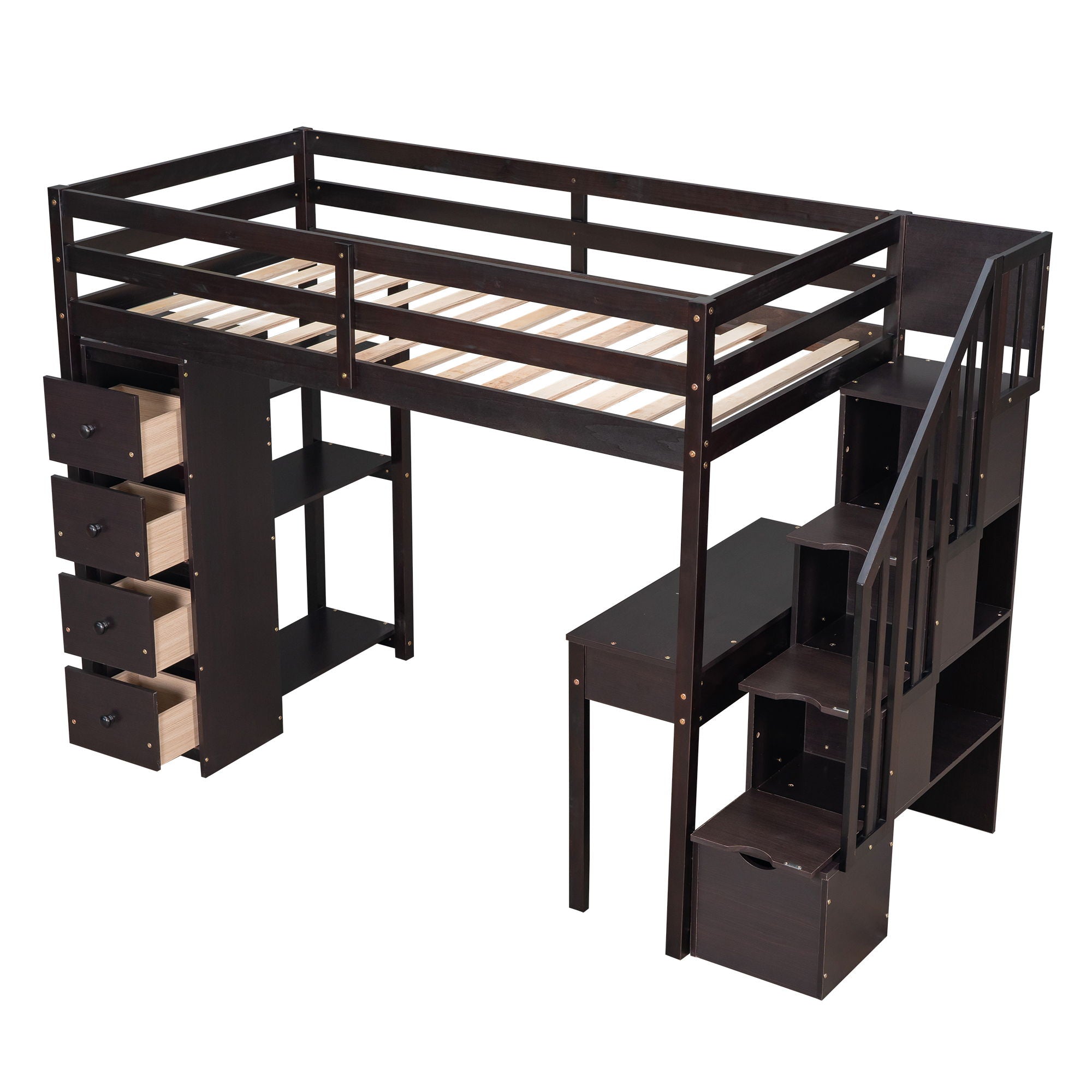 Loft Bed With Storage Drawers, Desk And Stairs With Shelves