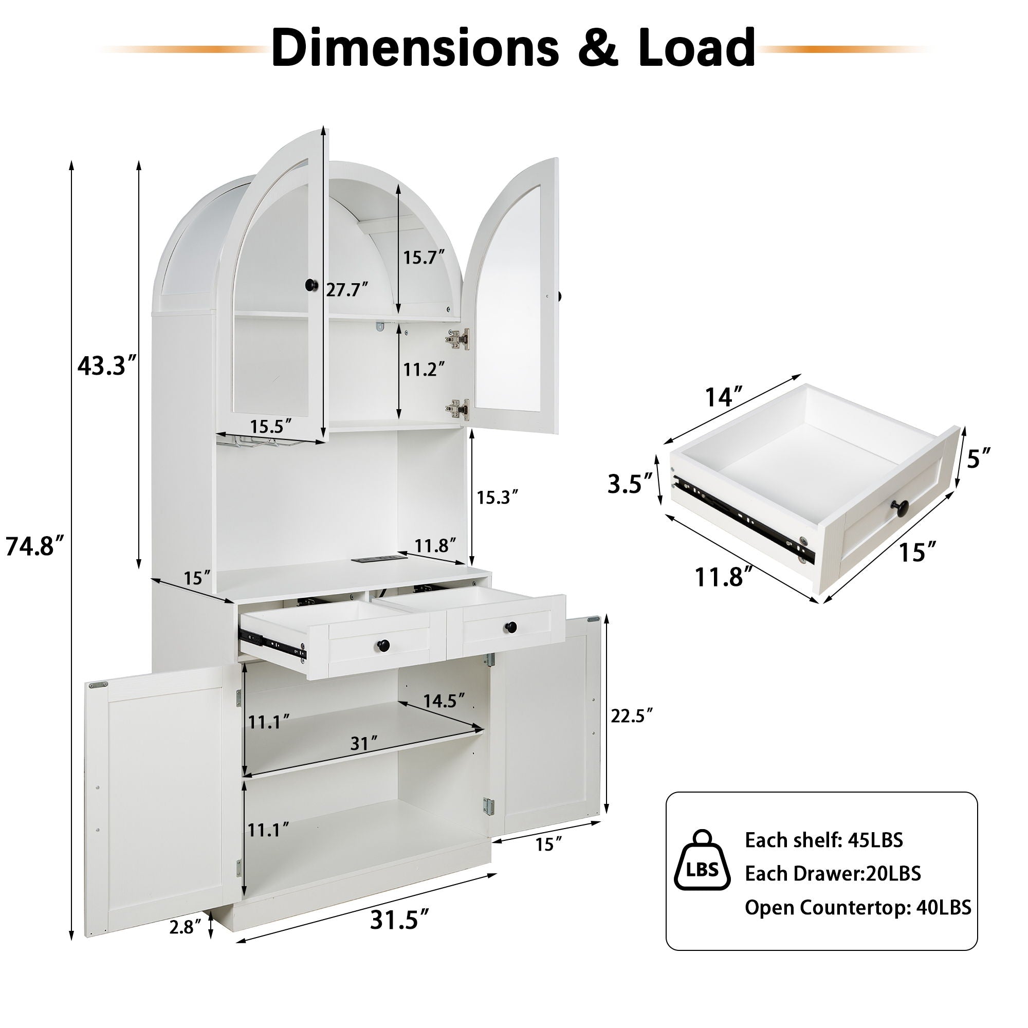 Tall Arched Pantry Cabinet With Charging Station, Adjustable Shelves, Coffee Bar