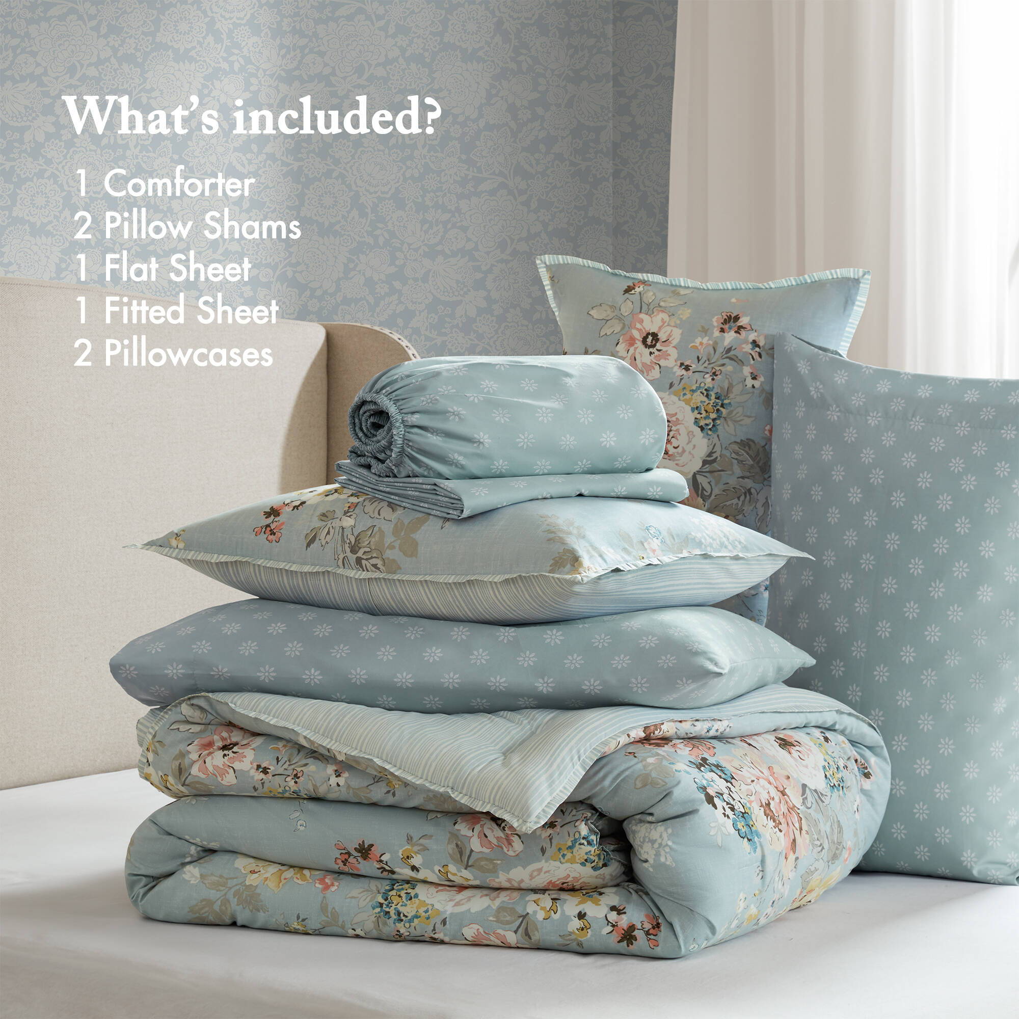 Heather - King 7 Piece Vintage-Inspired Floral Print - Soft Blue