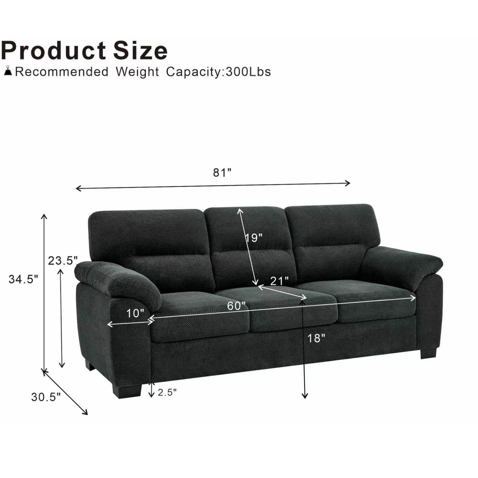 3 Seater Sofa With Padded Armrests And Triangular Leg