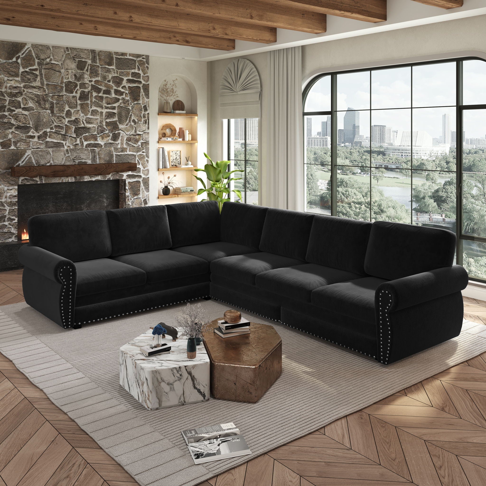 L-Shaped Sofa Couch With Pull Out Bed With Nailhead Trim & Rolled Arm
