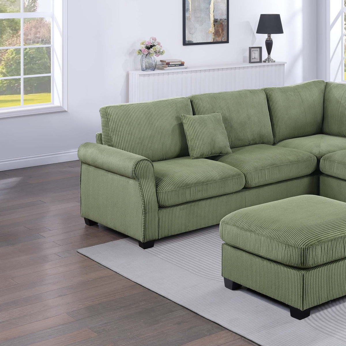 L - Sectional Sofa Set With Corner Wedge And Ottoman, 4 Piece Living Room Furniture - Sage