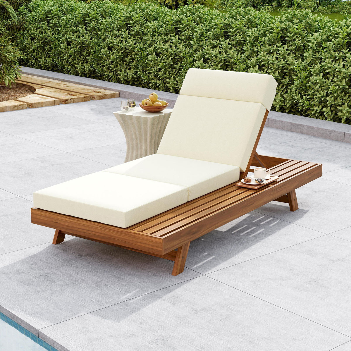 Acacia Wood Lounge Chaise Set With Headrest And Water Resistant Cushions - Beige