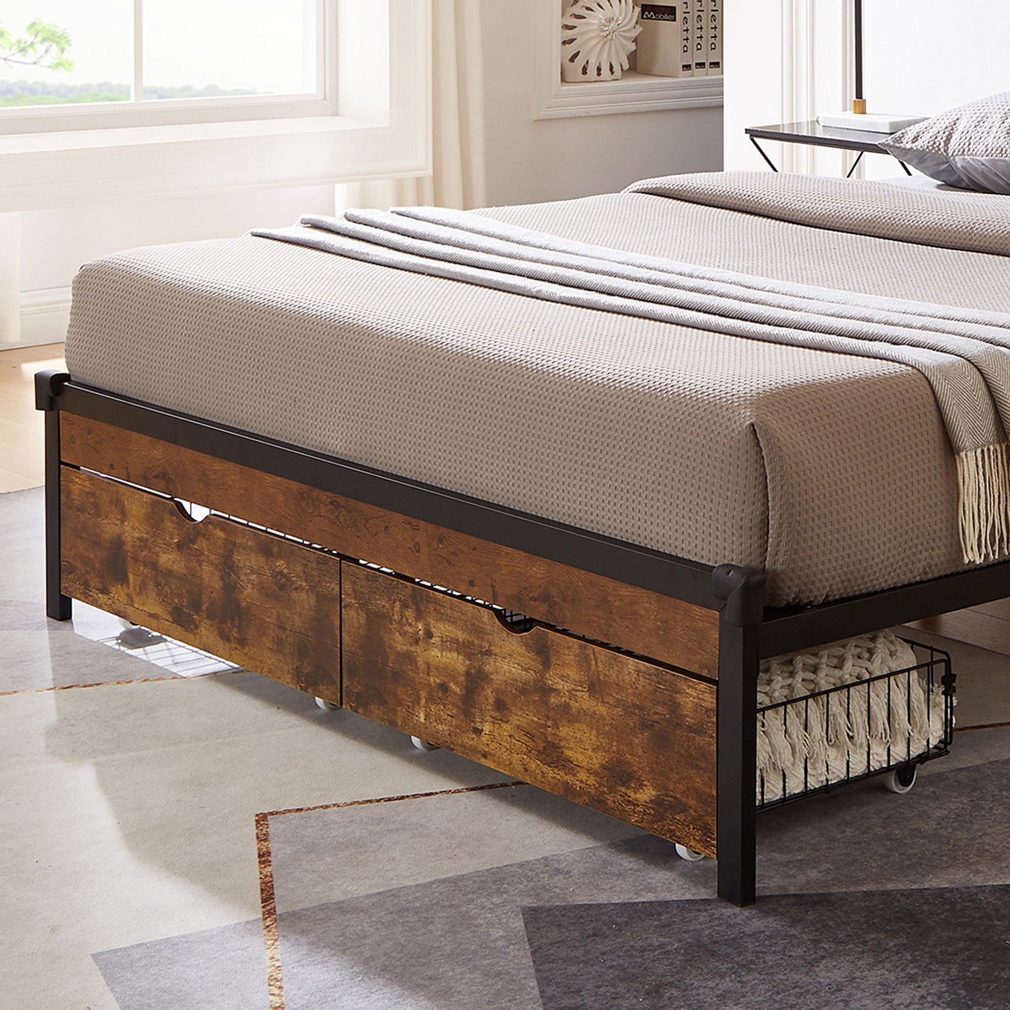 Modern Style Full Bed Drawers With Wheels Storage Solution - Brown / Black